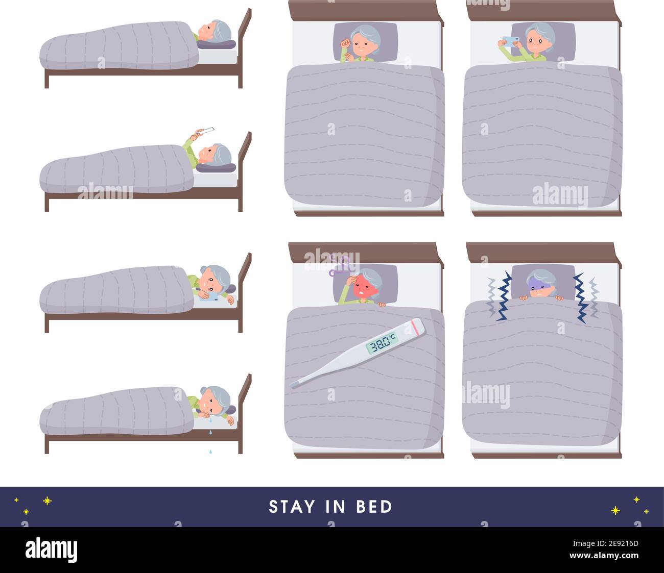 Un insieme di donne anziane che rimangono in bed.IT vettore arte così facile da modificare. Illustrazione Vettoriale