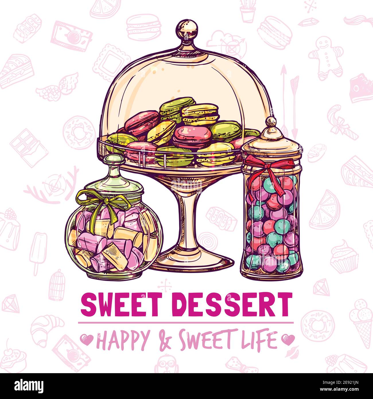 Poster negozio di caramelle con biscotti dolci e macaron vettore di schizzo illustrazione Illustrazione Vettoriale