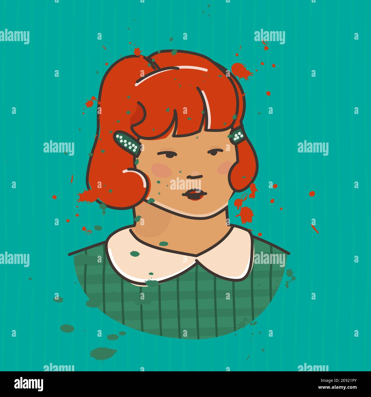 Immagine vettoriale in stile retrò multicolore. Ritratto di una giovane ragazza dai capelli rossi. Illustrazione Vettoriale