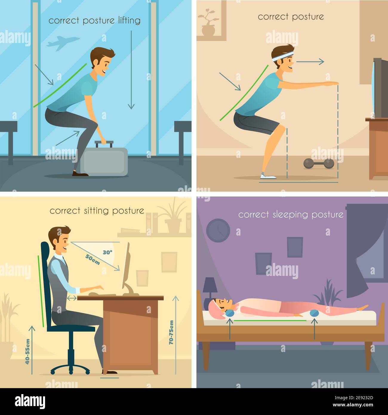 Set di concetto di postura 2x2 per il sollevamento corretto delle squadrette sedute e dormendo pone un'illustrazione vettoriale piatta Illustrazione Vettoriale