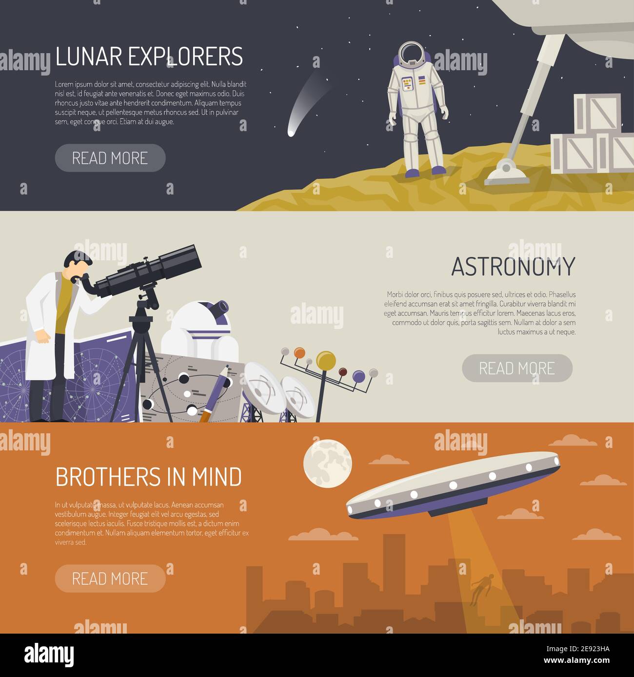 Astronomia Banners orizzontali Set di esploratori lunari attrezzature osservative per ricerca spaziale e immagini ufo flat vettoriale illustrazione Illustrazione Vettoriale