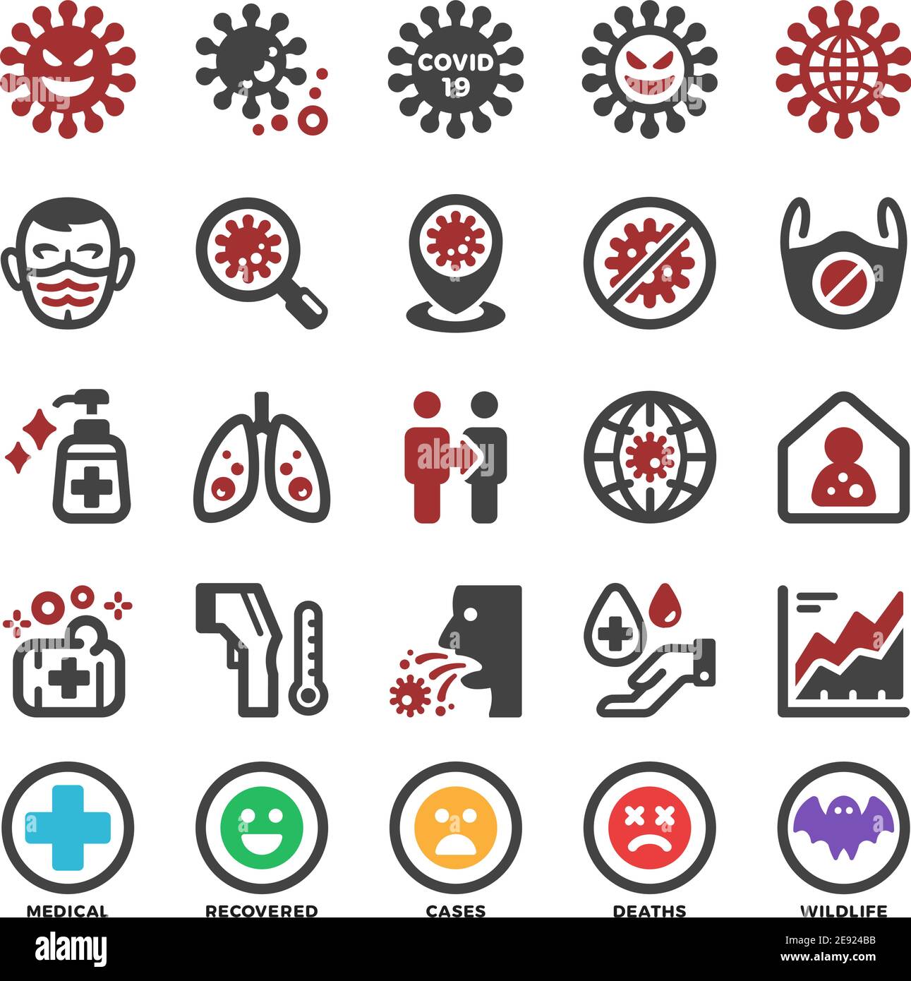 coronavirus, covid-19,2019-ncov insieme di icone, vettore e illustrazione Illustrazione Vettoriale