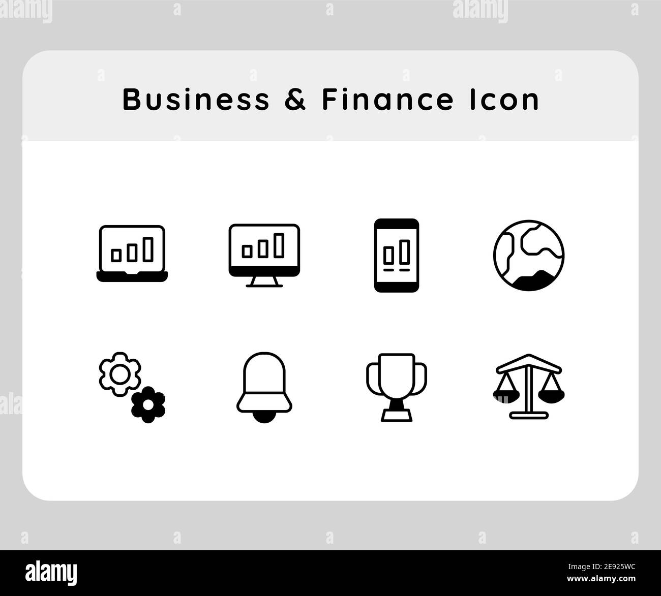 business e finanza grafico a barre computer portatile smartphone attrezzatura di terra campana trofeo icona scala icone set collezione collezione pacchetto bianco isolato ba Foto Stock