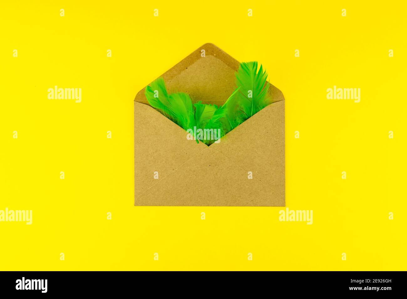 busta di carta artigianale con piume verdi su sfondo giallo brillante. concetto creativo festivo. Foto Stock