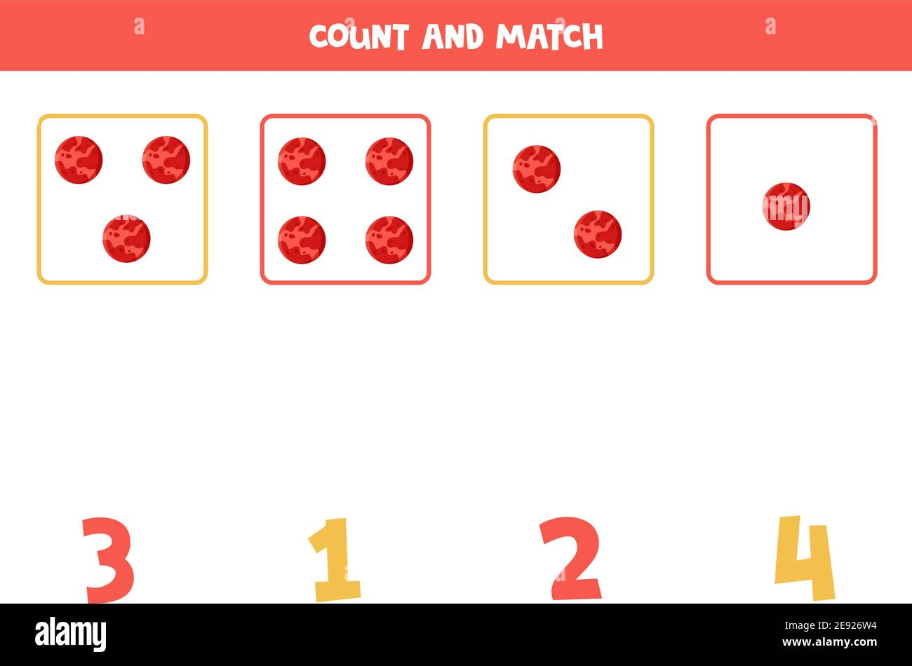 Gioco di conteggio per i bambini. Conta tutti i pianeti Marte e corrisponde con il numero. Foglio di lavoro per bambini. Illustrazione Vettoriale