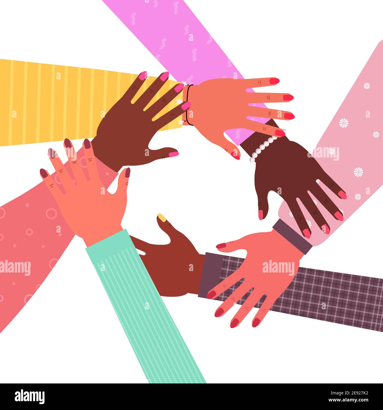 mani di gruppo misto di donne che riuniscono donne emancipazione movimento ragazza potere unione di femministi concetto vettore illustrazione Illustrazione Vettoriale