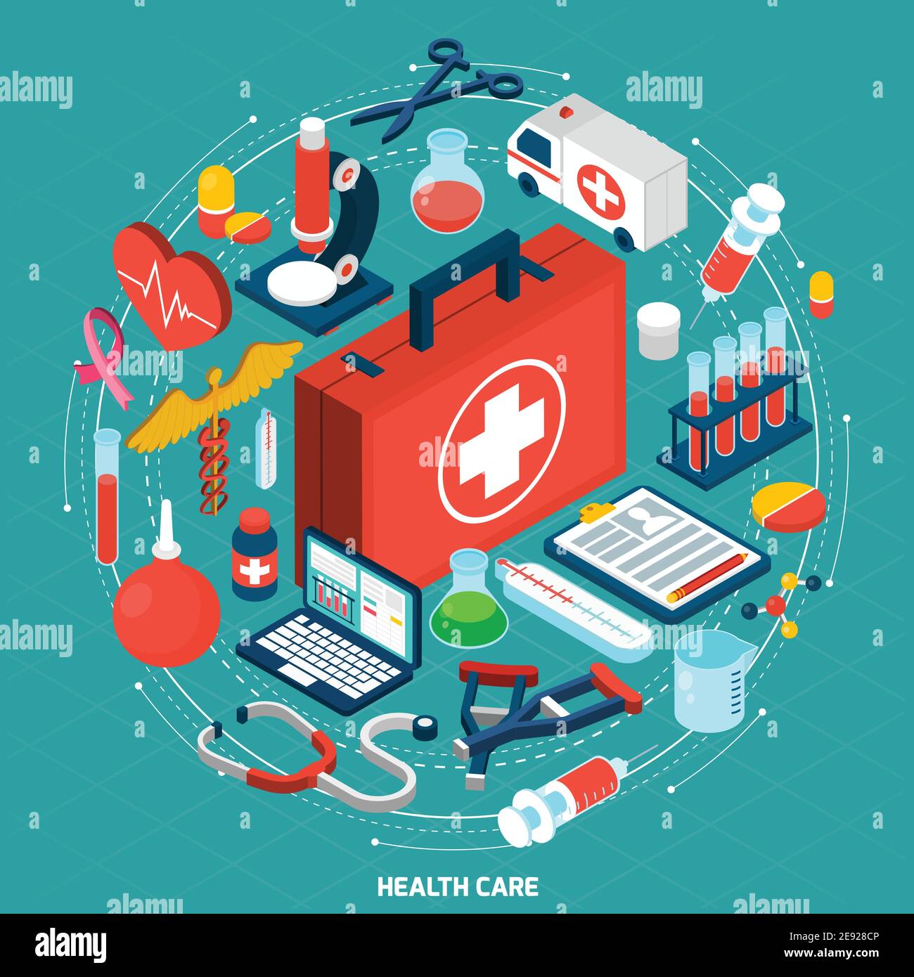 Gestione sanitaria per organizzazioni mediche internazionali modello di concetto isometrico round pittogrammi composizione icona poster astratto vettore illustratore Illustrazione Vettoriale