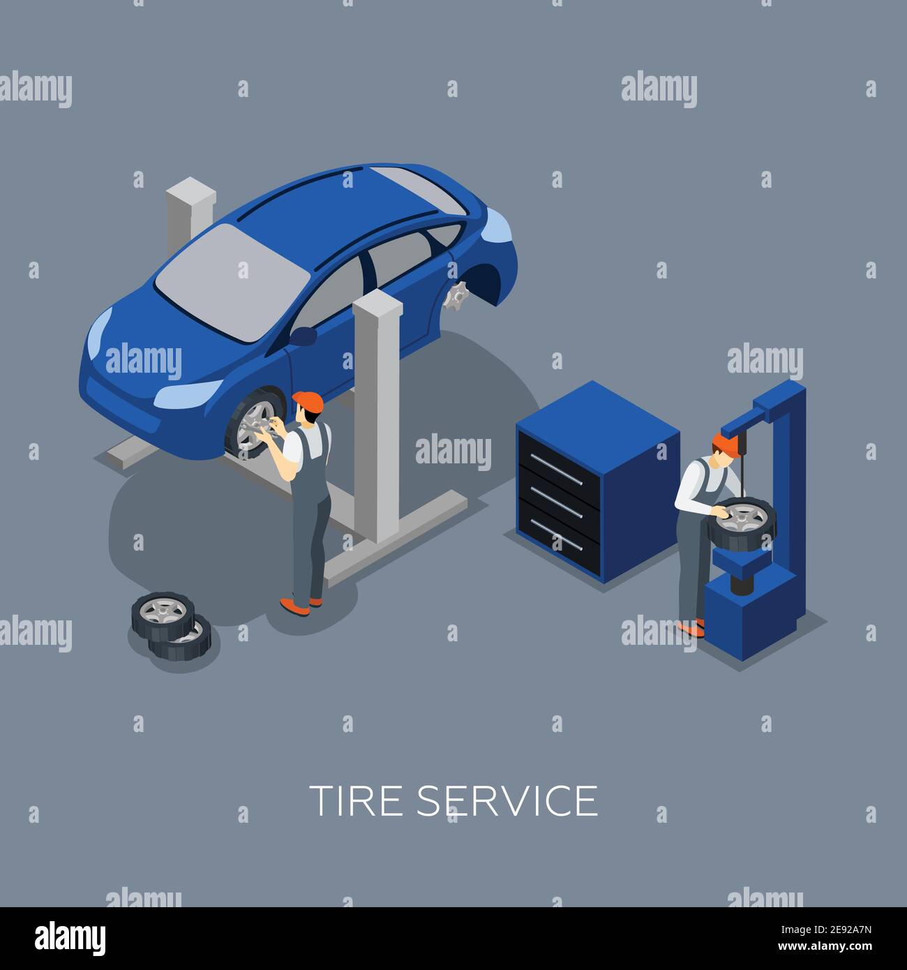 Pneumatici piani fissaggio bilanciamento controllo e riparazione auto garage servizio illustrazione vettoriale astratta del banner isometrico del team di meccanici Illustrazione Vettoriale