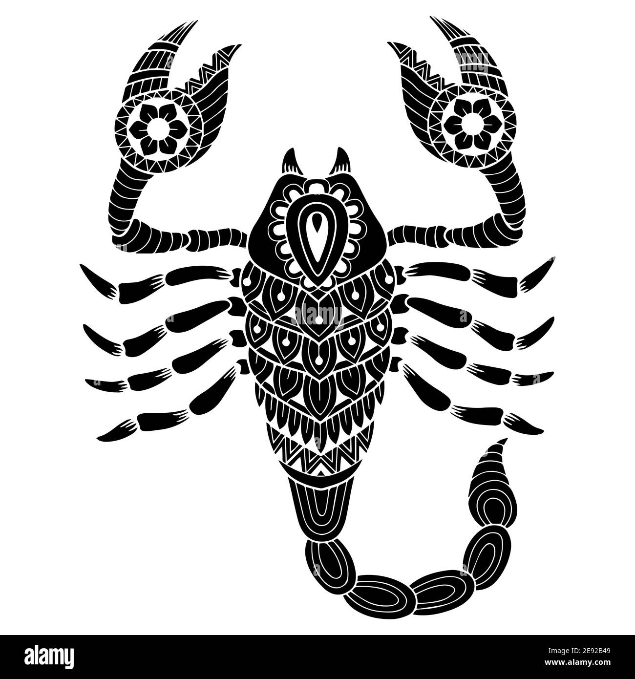 Stile tatuaggio. Silhouette vettoriale di scorpione isolato su sfondo bianco. Segno zodiacale scorpione. Illustrazione Vettoriale