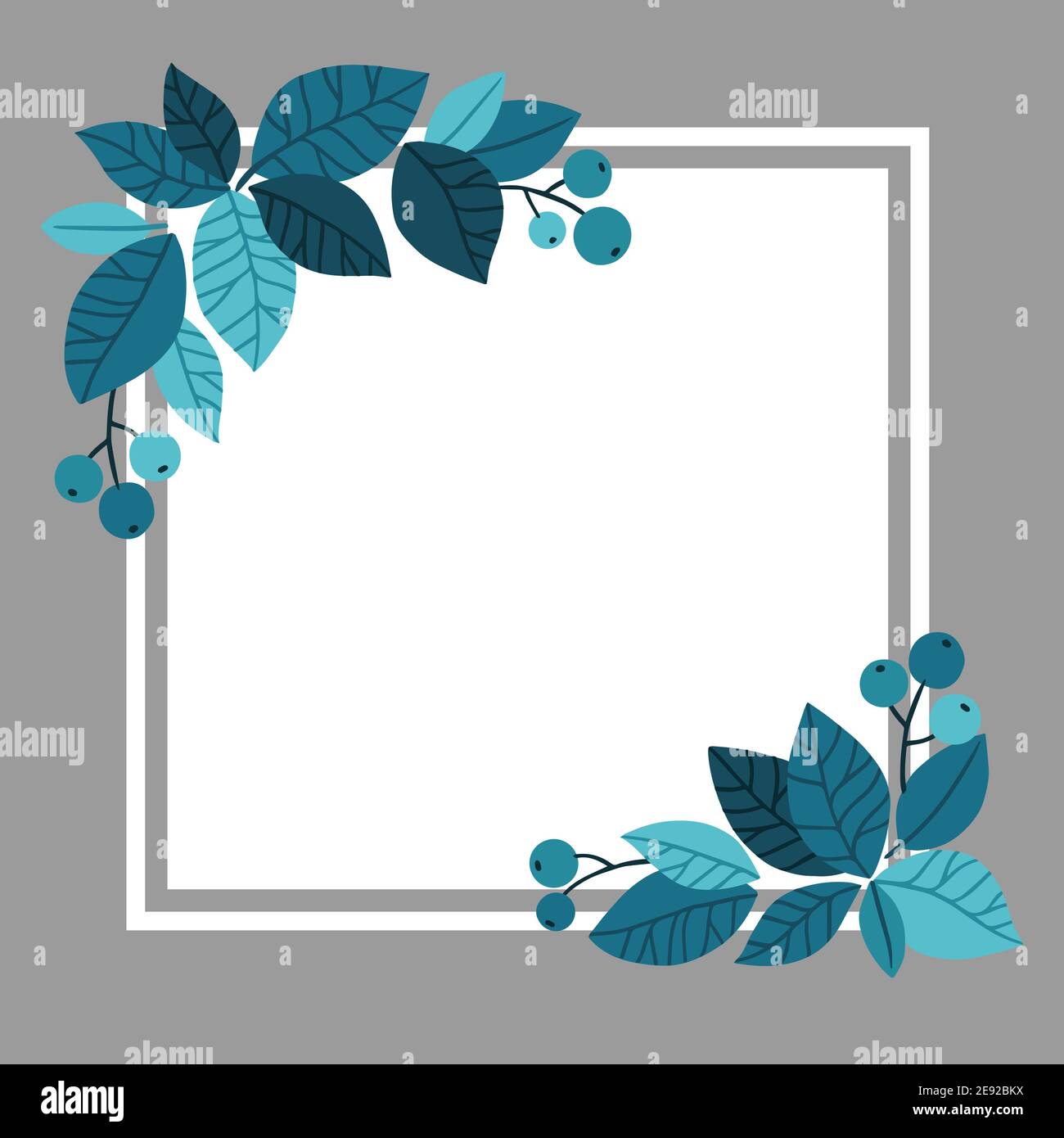 Modello di elementi di foglie e bacche di tendenza blu. Illustrazioni vettoriali disegnate a mano per poster, cartoncino o sfondo Illustrazione Vettoriale
