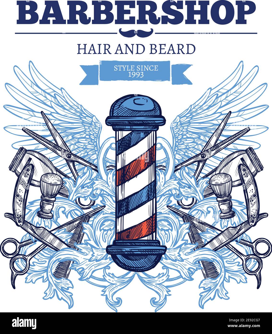 Barbiere negozio di capelli barba rifilatura tradizionale e alla moda per uomo poster pubblicità piatto astratto illustrazione vettoriale Illustrazione Vettoriale