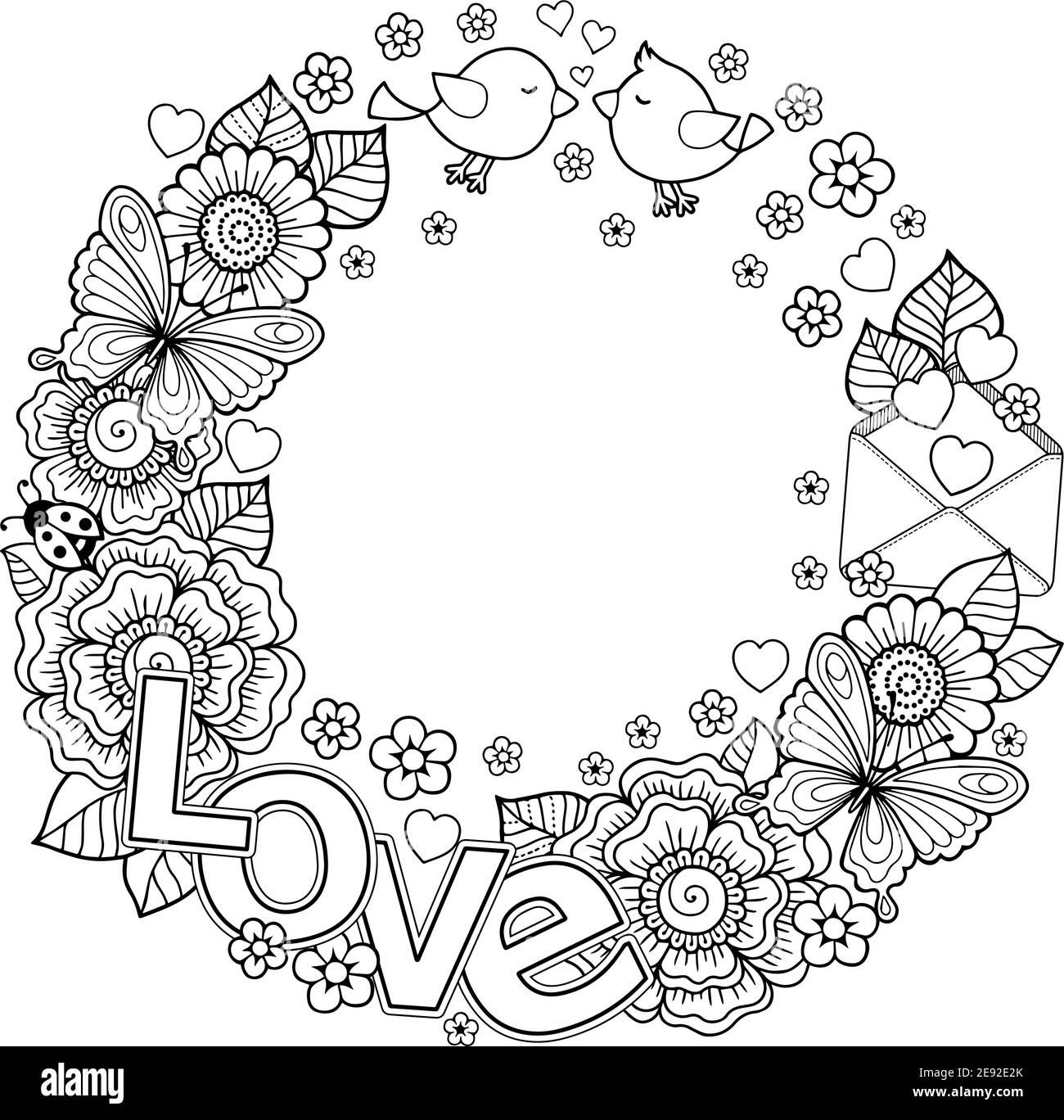 Libro da colorare vettoriale per adulti. Design per inviti di nozze e San Valentino di fiori astratti, cuori, busta, freccia, cuore, uccello, bacio, bu Illustrazione Vettoriale