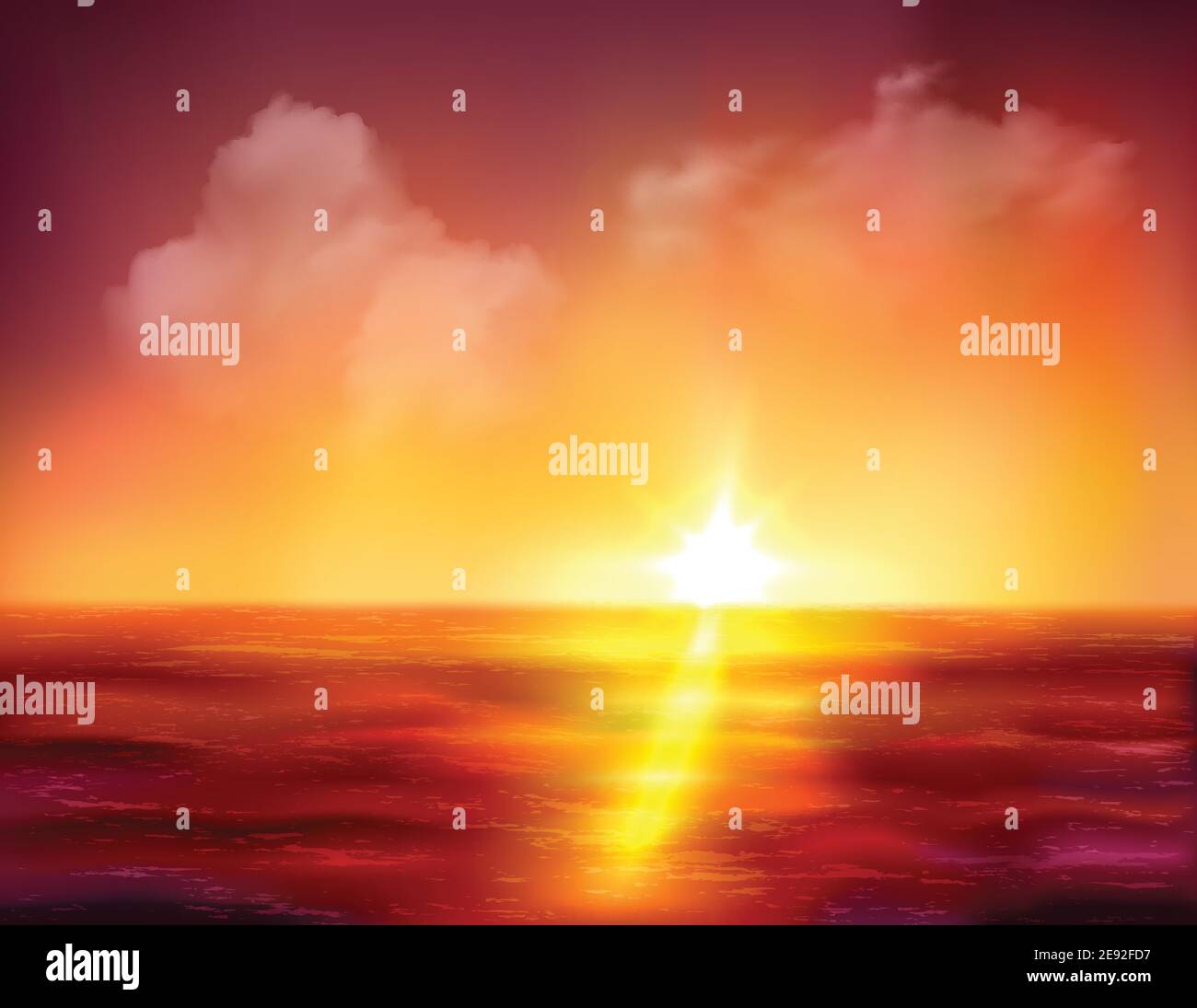 Splendida alba sull'oceano con sole dorato e rosso scuro illustrazione vettoriale delle forme d'onda Illustrazione Vettoriale