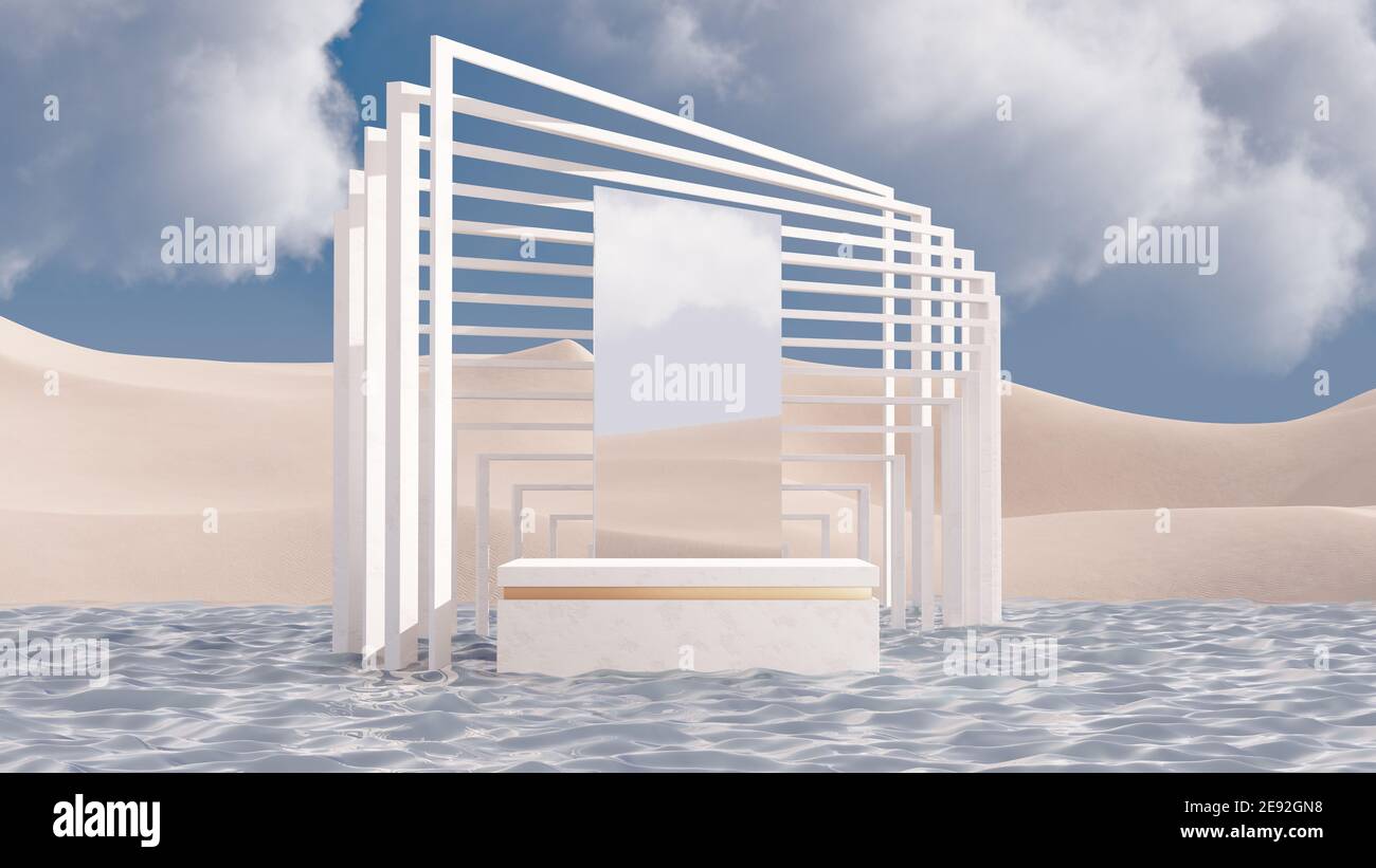 Scena minimalista astratta con forme geometriche e podio prodotto. Sfondo mockup minimo per la presentazione del prodotto. podio del prodotto di rendering 3d. Foto Stock