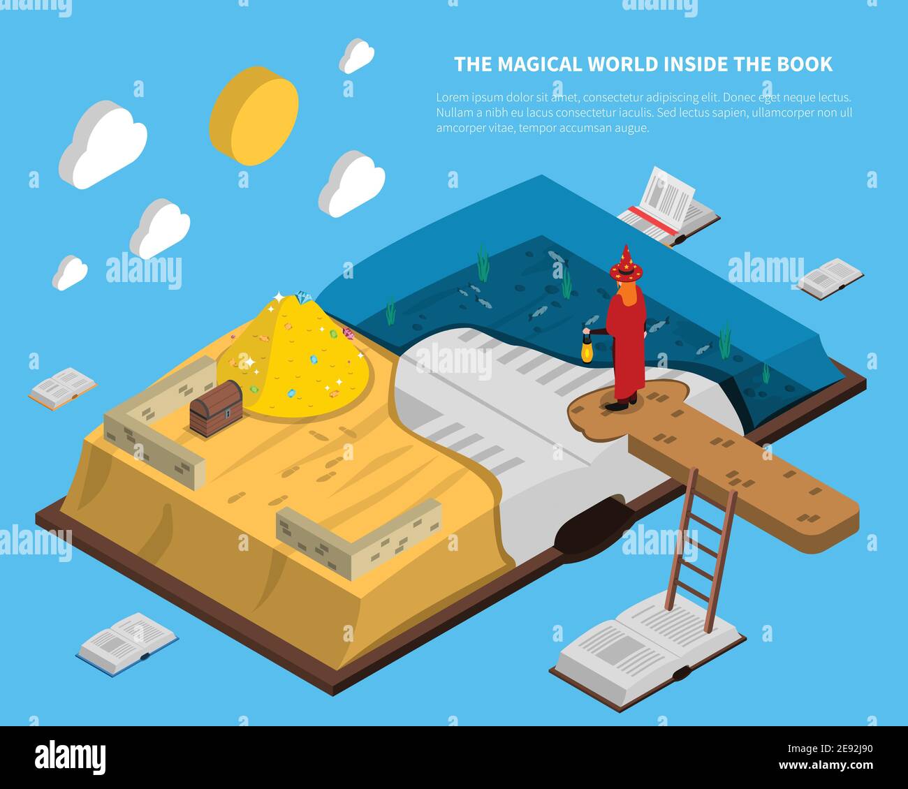 Magico mondo all'interno del libro isometria con tesori e mare a. pagine su sfondo blu illustrazione vettoriale Illustrazione Vettoriale