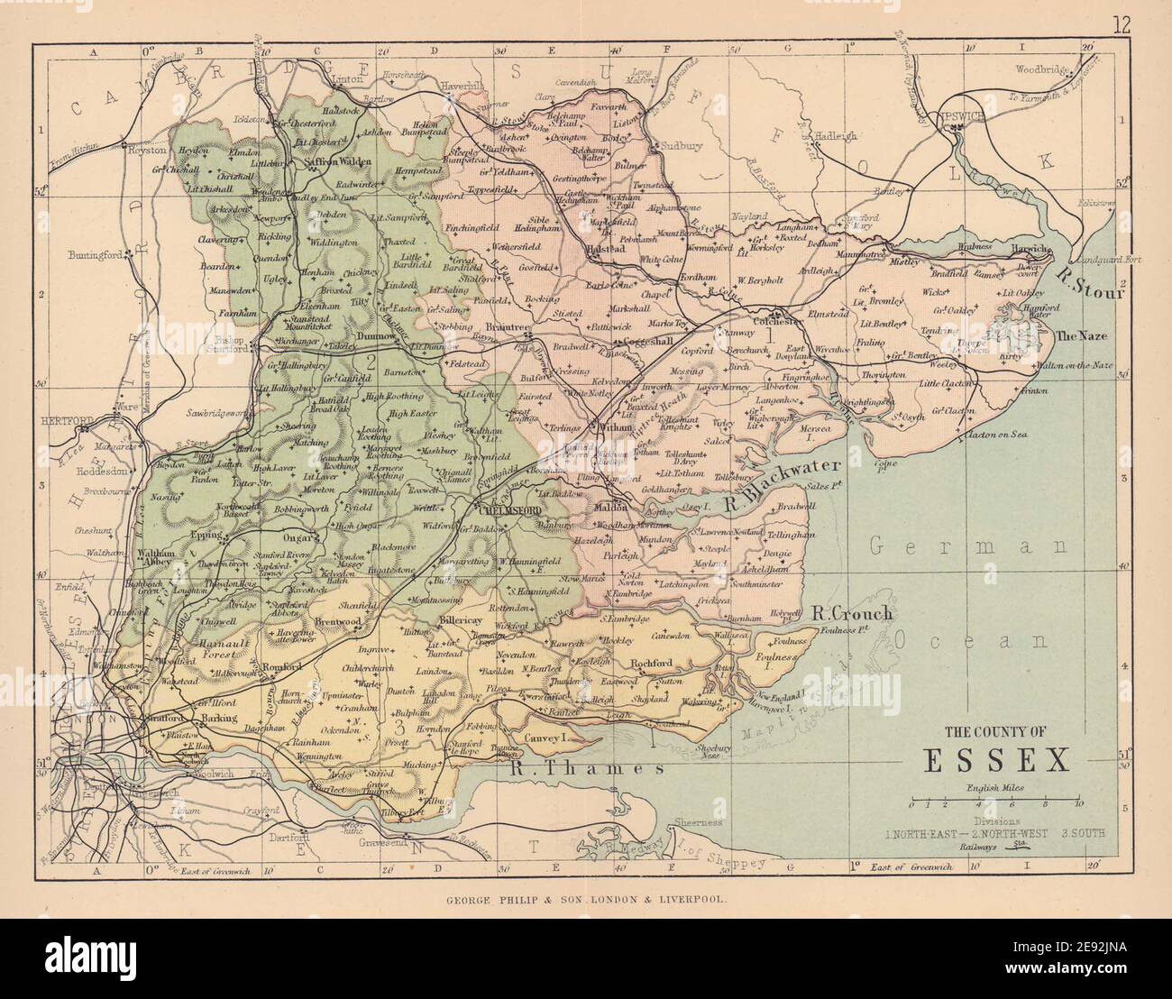 ESSEX. Antica mappa della contea. Ferrovie. Circoscrizioni. FILIPPO 1885 anni Foto Stock