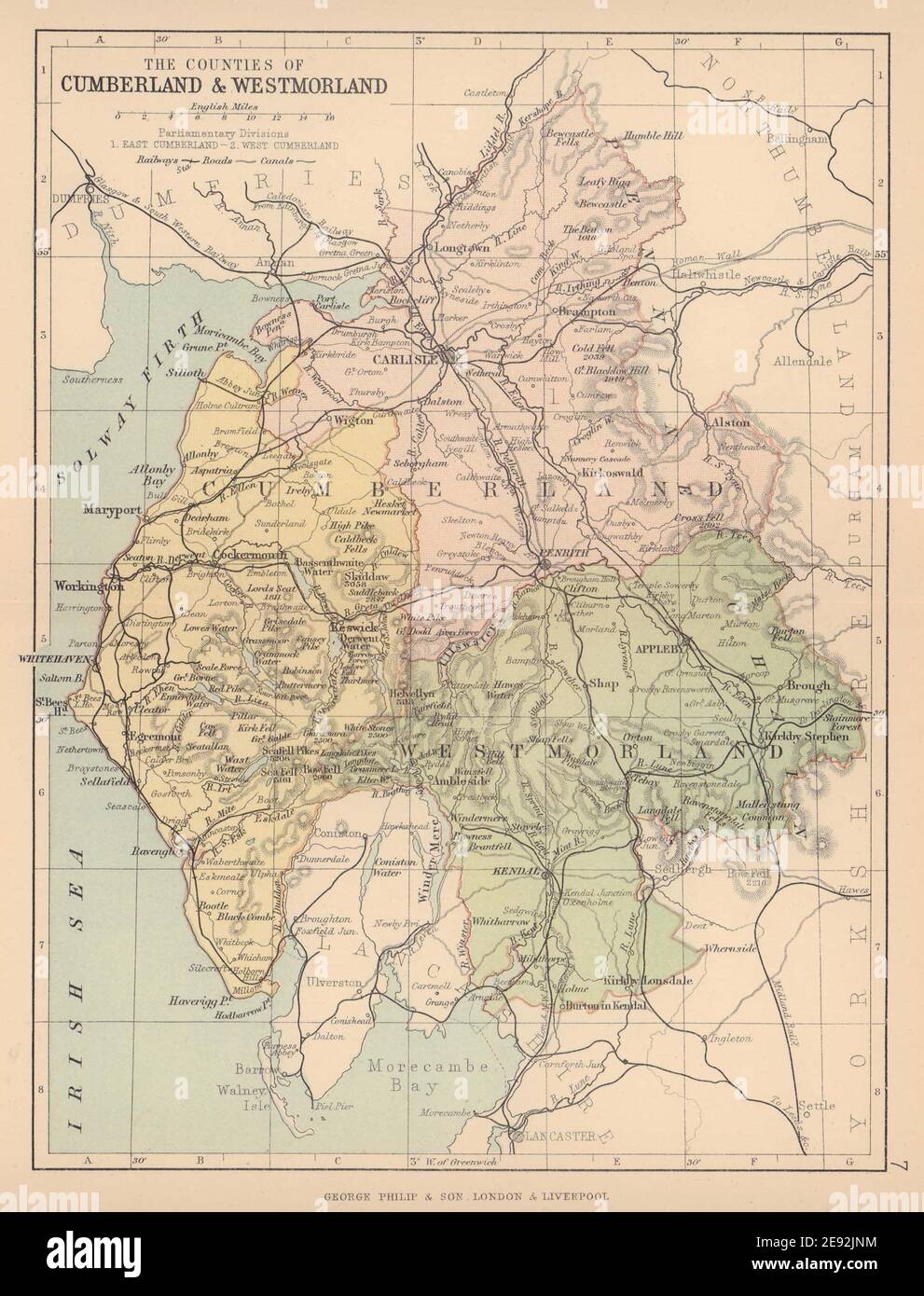 CUMBERLAND E WESTMORELAND. Mappa della contea. Circoscrizioni ferroviarie. FILIPPO 1885 Foto Stock