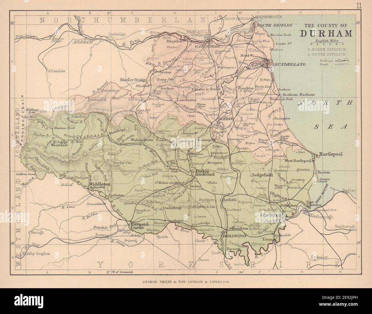 CONTEA DI DURHAM. Mappa antica. Ferrovie strade. Circoscrizioni. FILIPPO 1885 Foto Stock