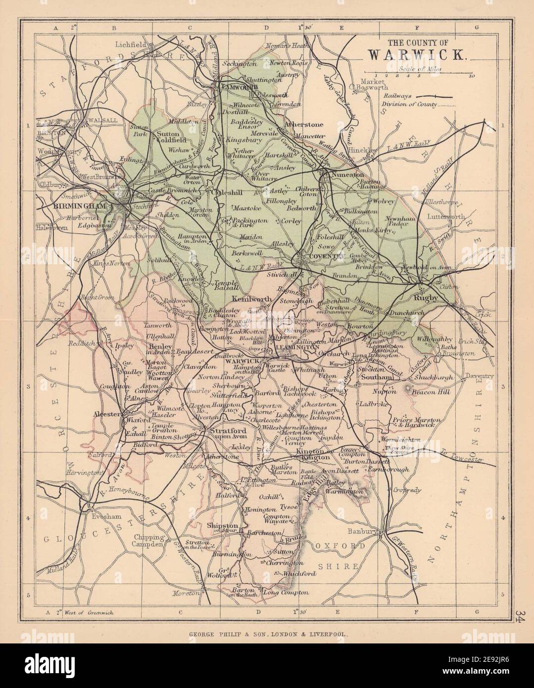 WARWICKSHIRE. Antica mappa della contea. Ferrovie. Circoscrizioni. FILIPPO 1885 Foto Stock