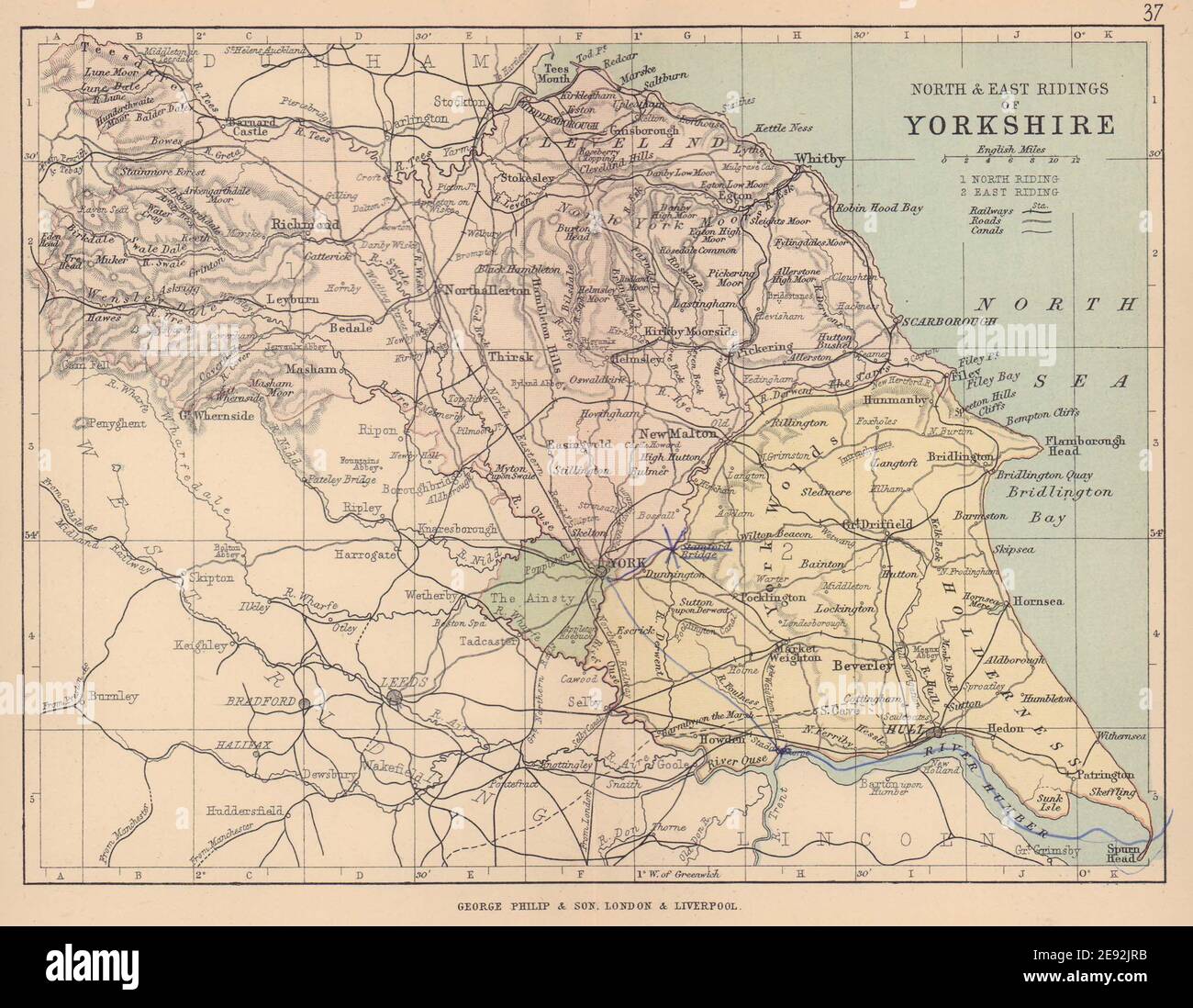 YORKSHIRE NORTH & EAST RIDING. Mappa della contea. Circoscrizioni ferroviarie. FILIPPO 1885 Foto Stock