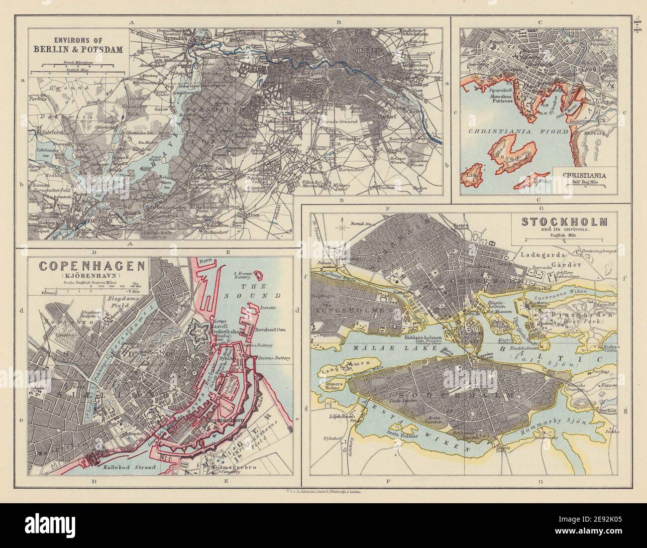 CITTÀ EUROPEE. Berlino Copenaghen Stoccolma Christiania/Oslo. JOHNSTON 1910 mappa Foto Stock