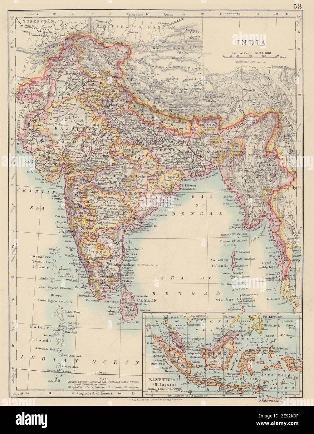 INDIA BRITANNICA. Visualizzazione degli stati. Birmania Nepal Bhutan Ceylon. JOHNSTON 1910 mappa Foto Stock