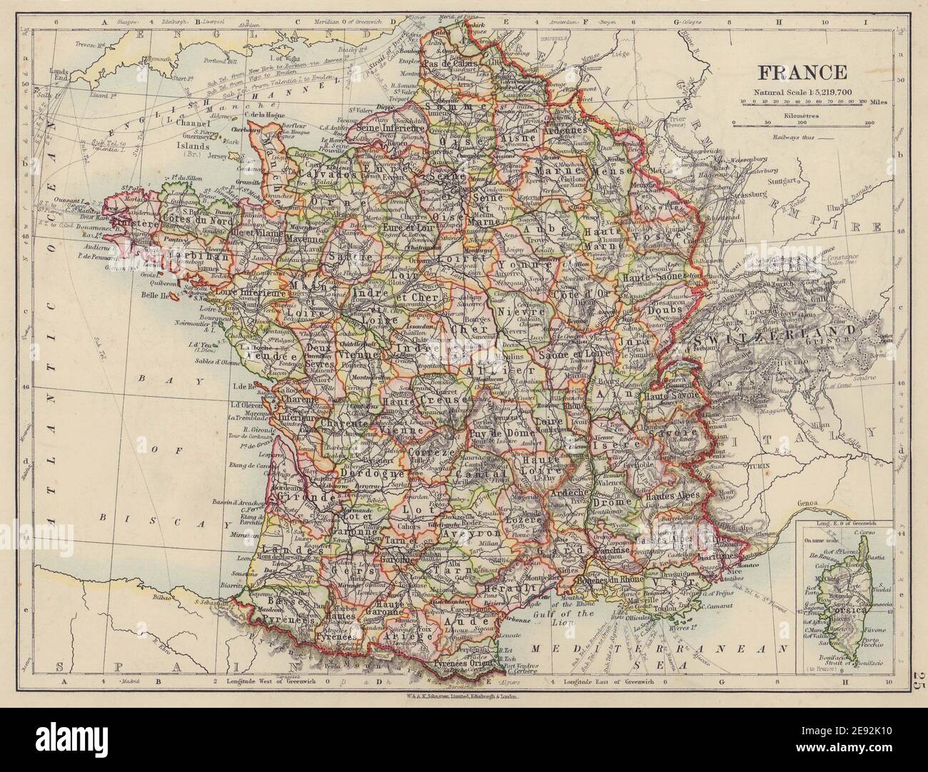 FRANCIA. Tedesco Alsazia e Lorena. Cavi telegrafici sottomarini. JOHNSTON 1910 mappa Foto Stock