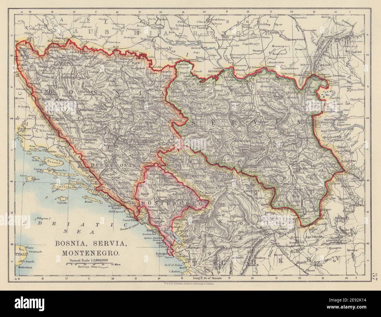 BOSNIA-ERZEGOVINA. Balcani Croazia Serbia Erzegovina. JOHNSTON 1910 mappa Foto Stock