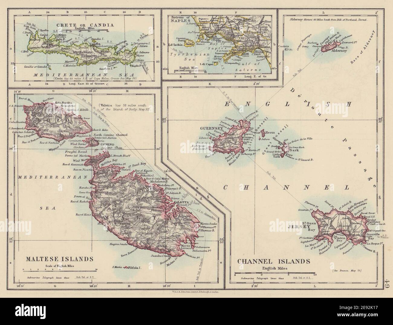 ISOLE EUROPEE. Malta Gozo Creta maglia Capri Guernsey Sark. JOHNSTON 1910 mappa Foto Stock