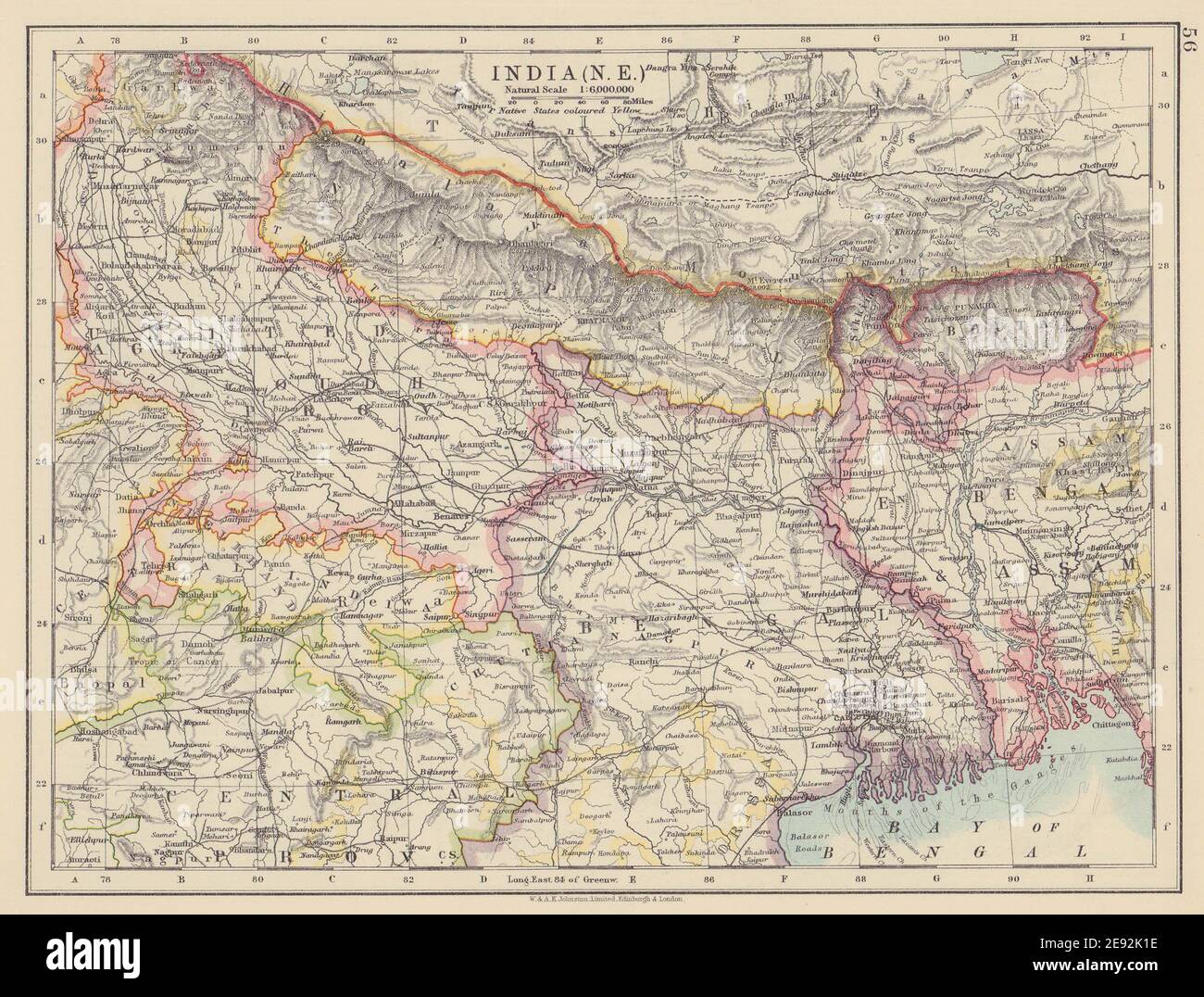 BRITISH INDIA, NEBRASKA. Bengala Nepal Bhutan Calcutta Bangladesh. JOHNSTON 1910 mappa Foto Stock