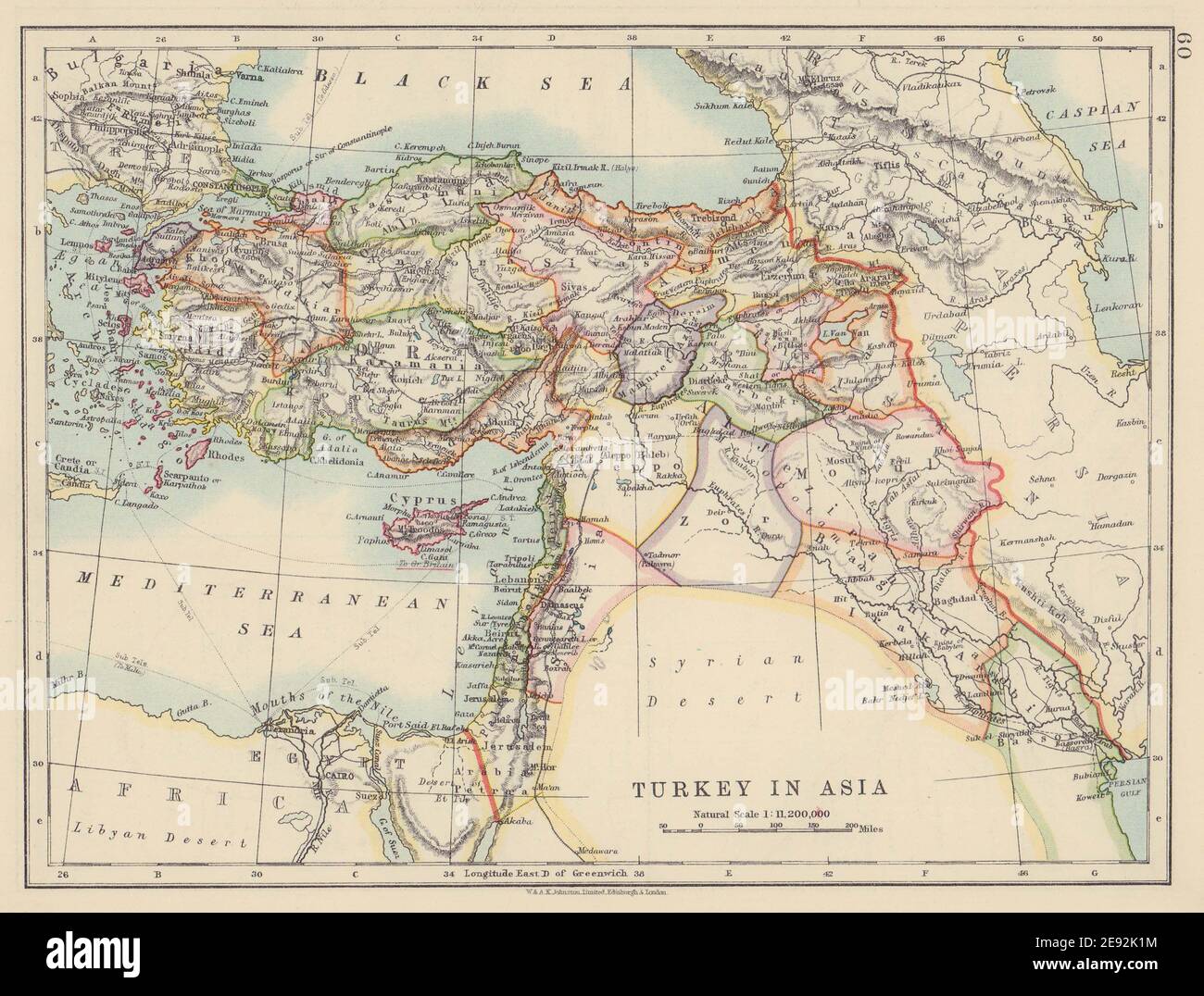 TURCHIA OTTOMANA IN ASIA. Cipro Levante Mesopotamia Palestina. JOHNSTON 1910 mappa Foto Stock