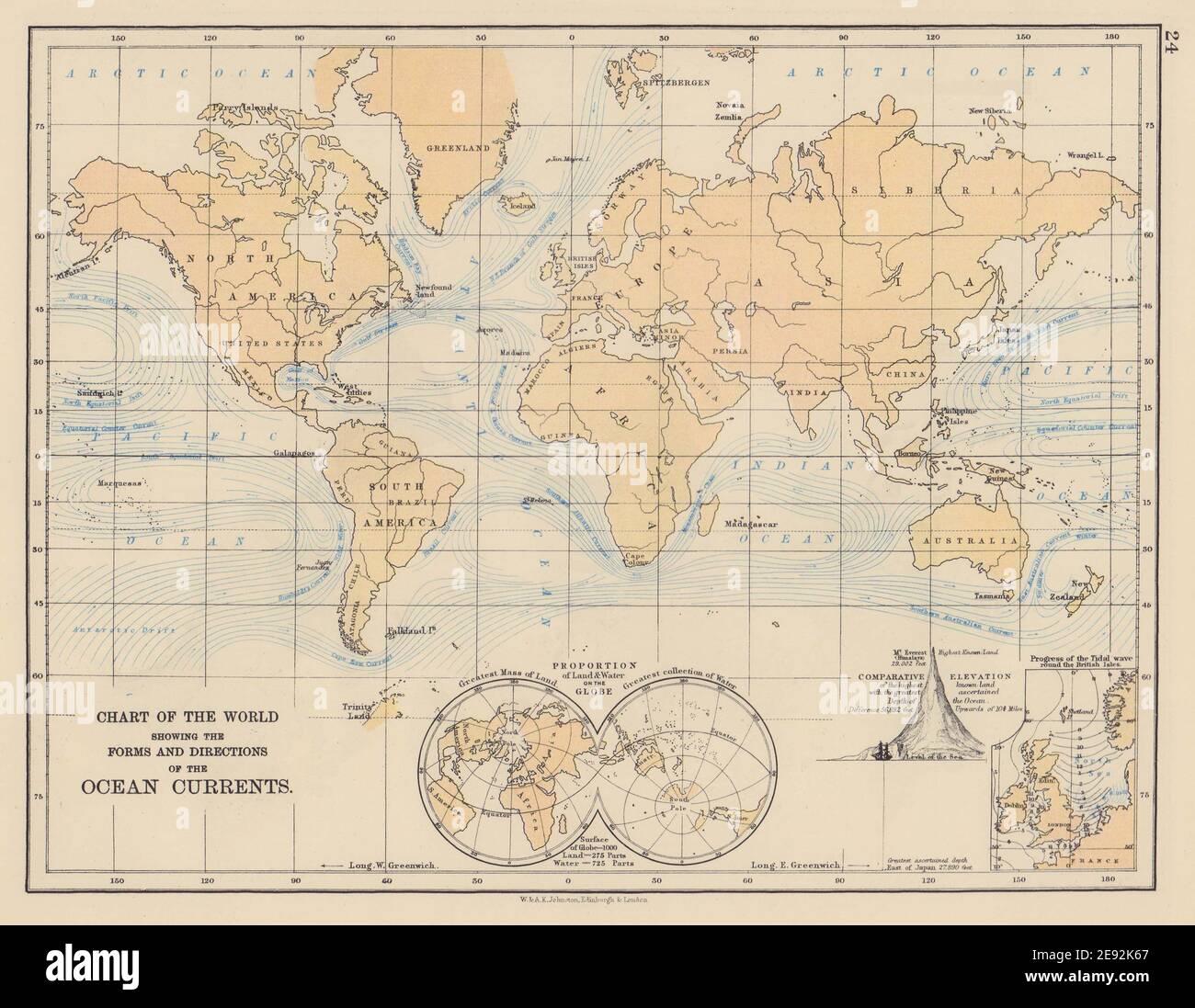 CORRENTI OCEANICHE DEL MONDO. Mostra l'andamento dell'onda marea del Mare del Nord. JOHNSTON 1901 mappa Foto Stock