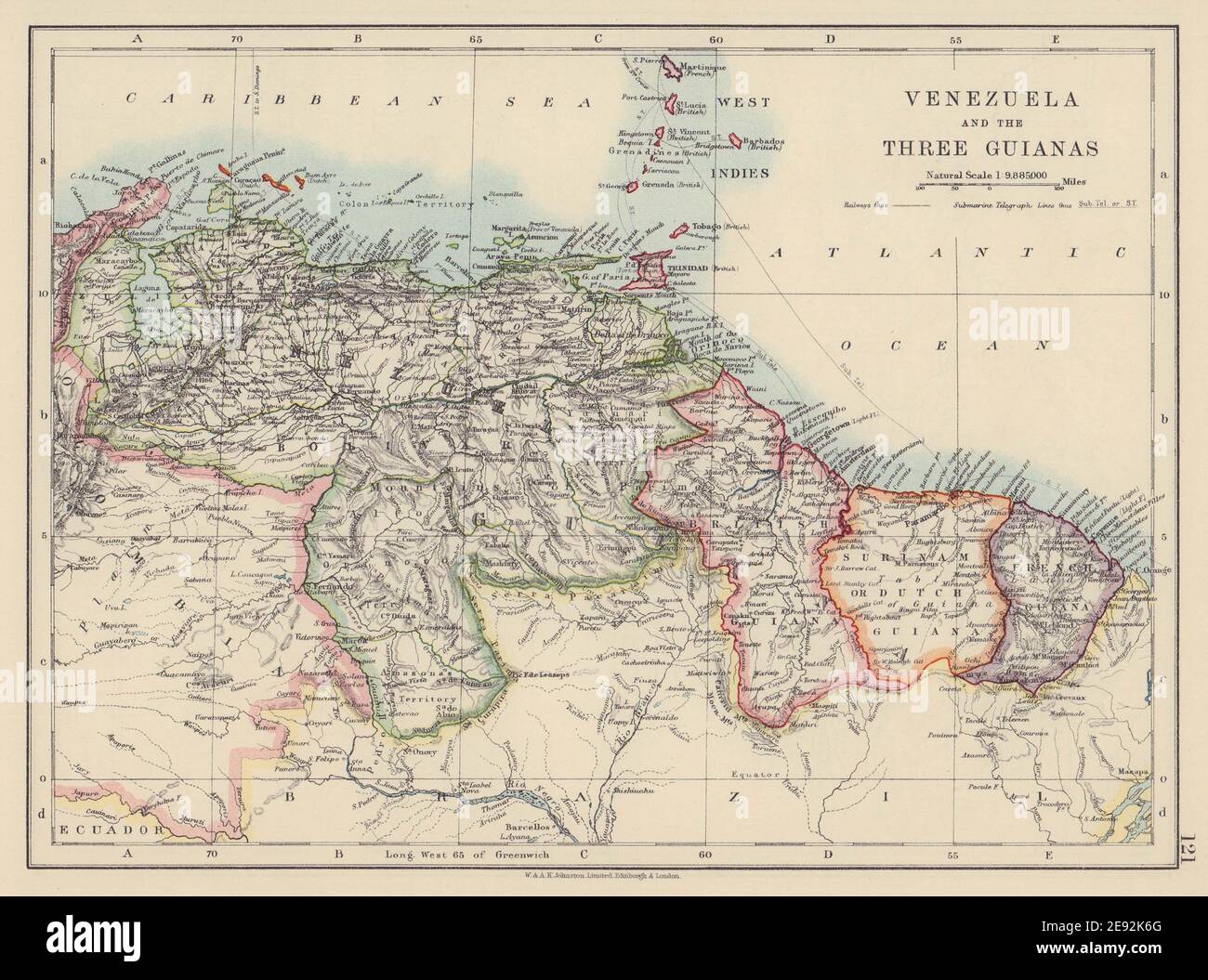 VENEZUELA/GUIANA. Suriname. Inglese Francese Olandese Guyana. JOHNSTON 1910 mappa Foto Stock