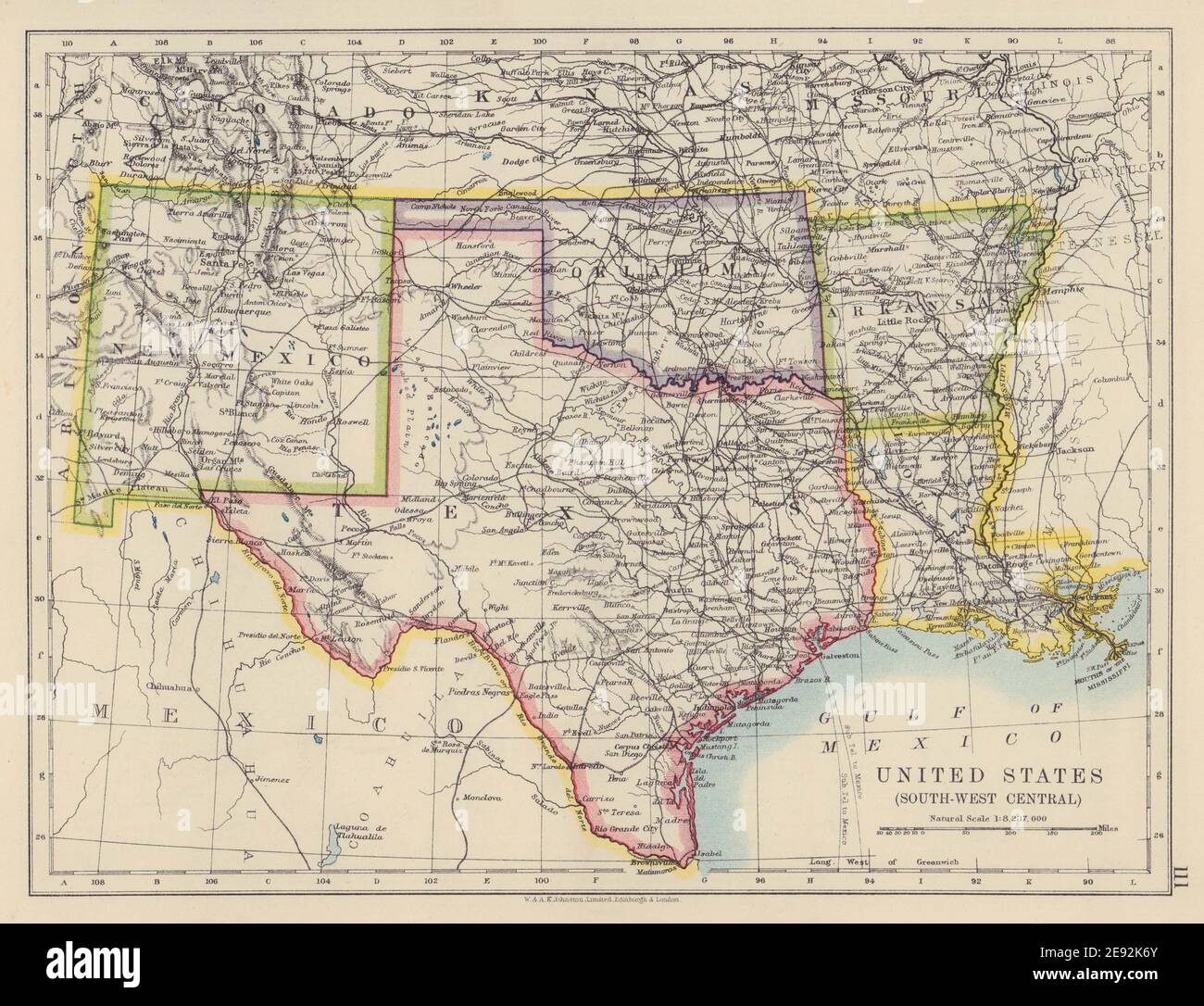 USA Texas CENTRO-MERIDIONALE Oklahoma New Mexico Arkansas Louisiana JOHNSTON 1910 mappa Foto Stock