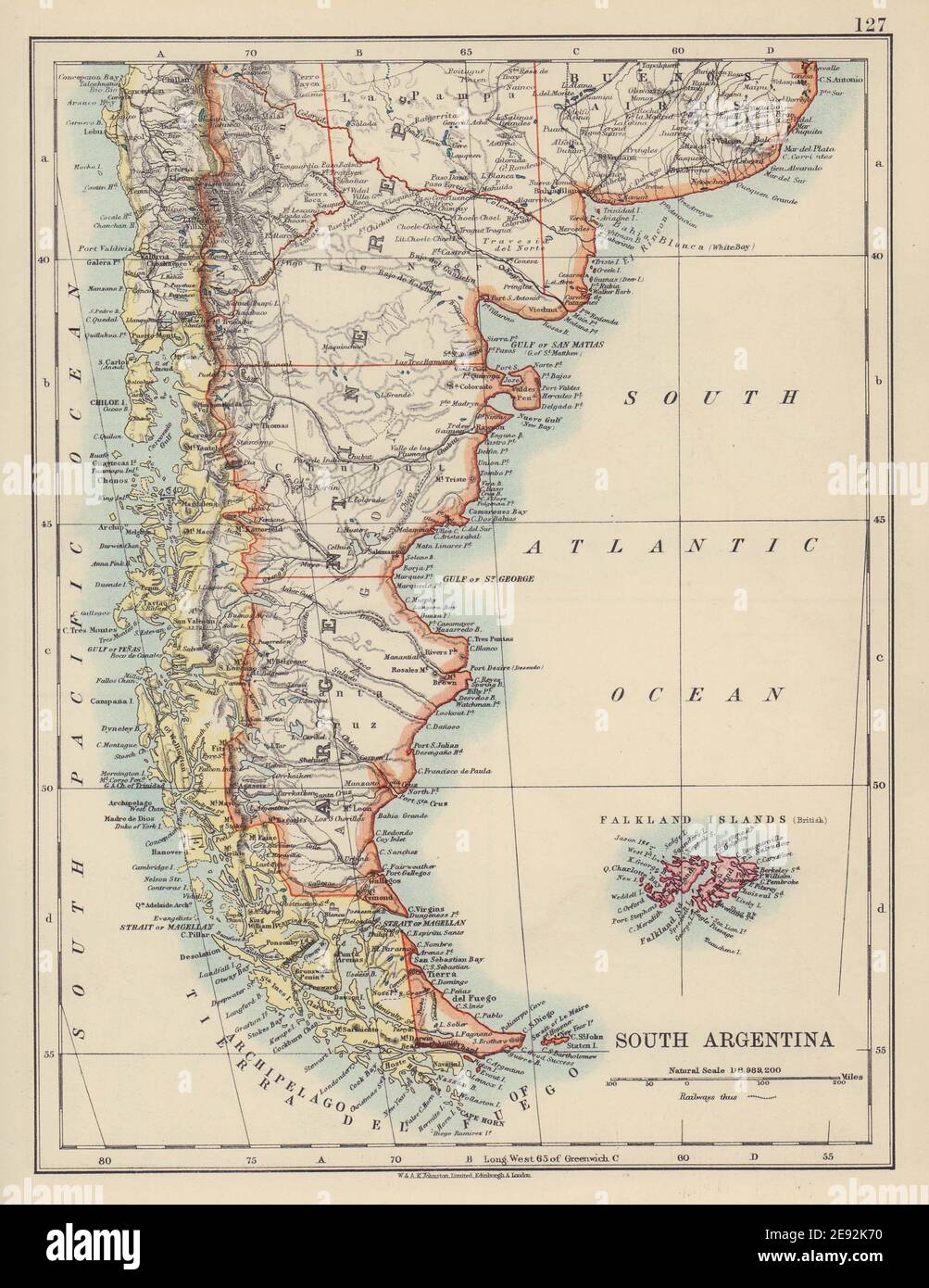 PATAGONIA. Argentina meridionale e Cile. Isole Falkland. JOHNSTON 1910 vecchia mappa Foto Stock