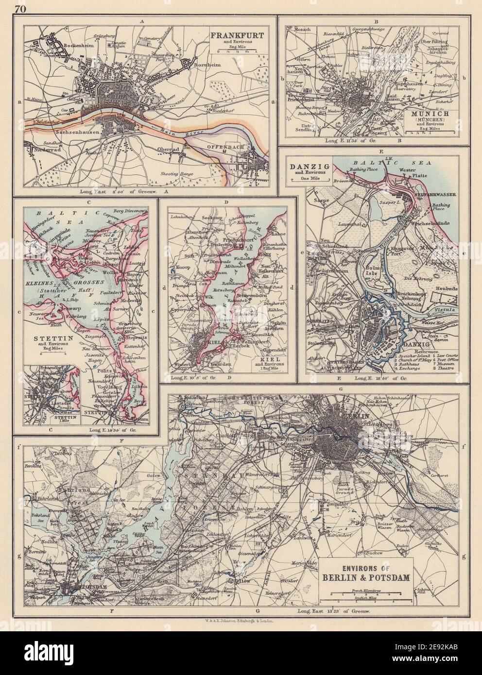 CITTÀ TEDESCHE/PRUSSIANE. Francoforte Monaco Szczecin Kiel Danzig Berlino 1901 mappa Foto Stock