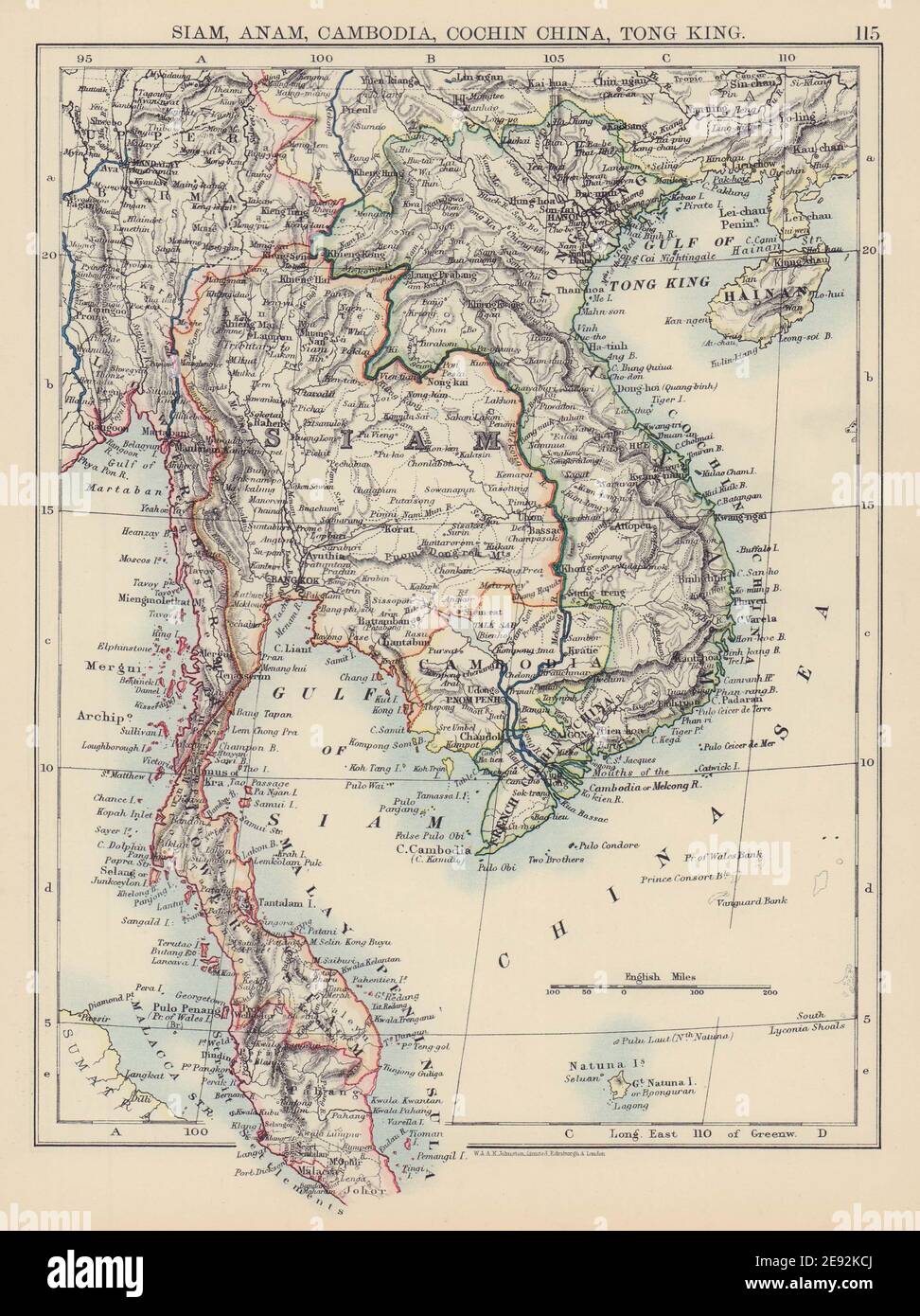 INDOCINA. Siam Thailandia IC. Cambogia Anam Tong-Re Cochinchina 1901 vecchia mappa Foto Stock