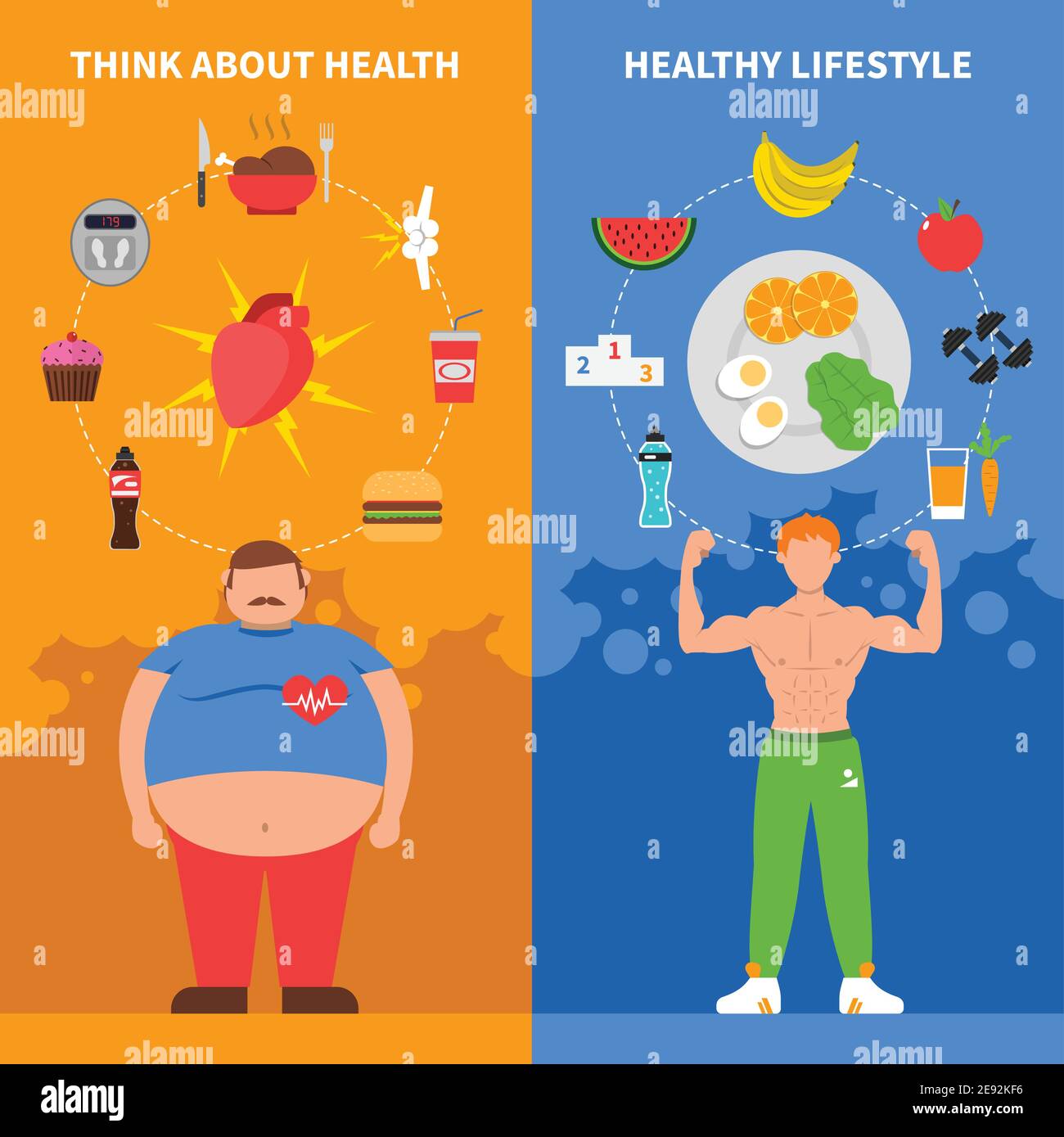 Dieta bandiere piatte verticali con l'uomo grasso giovane atleta sano icone stile di vita e immagine vettoriale del set di alimenti spazzatura Illustrazione Vettoriale