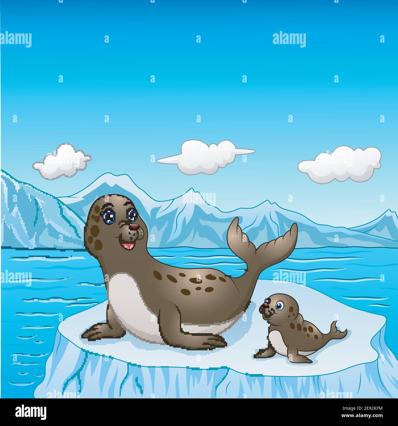 Illustrazione vettoriale del cartone animato della famiglia Seal sui galleggianti di ghiaccio Illustrazione Vettoriale