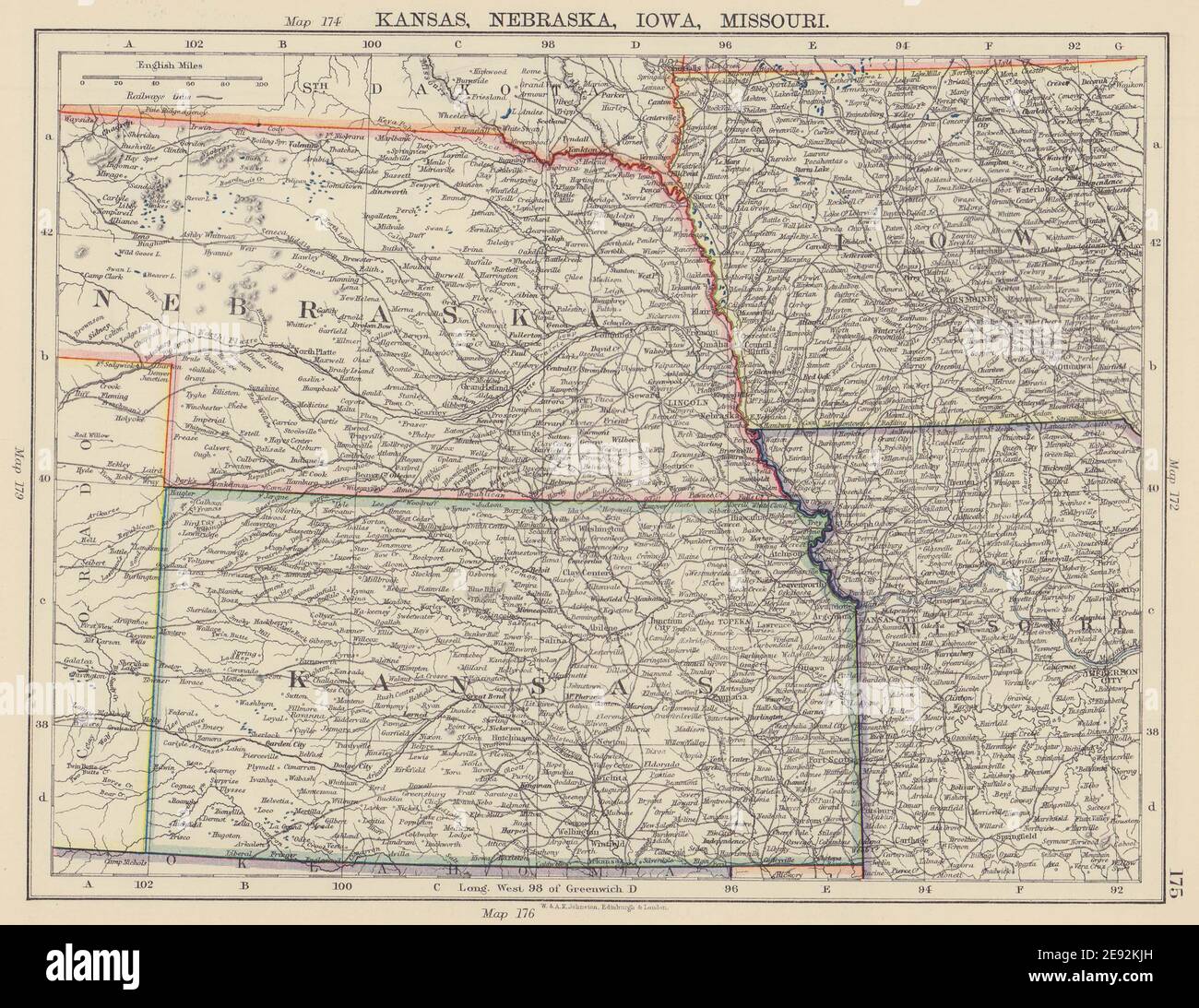STATI UNITI DEL MIDWEST. Kansas, Nebraska, Iowa, Missouri. Ferrovie. JOHNSTON 1901 mappa Foto Stock