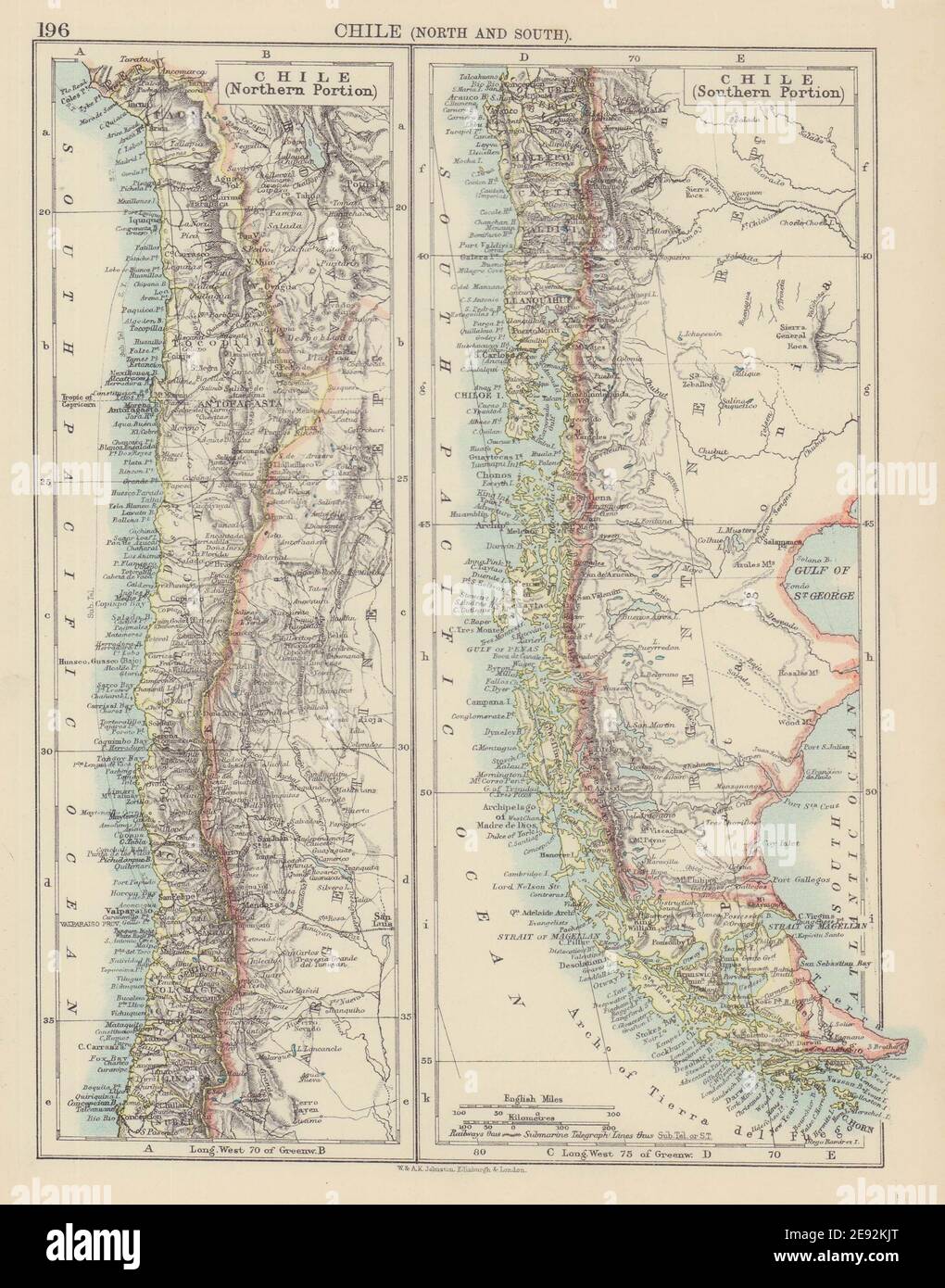 CILE E ARGENTINA MERIDIONALE. Patagonia Ande. JOHNSTON 1901 vecchia mappa antica Foto Stock