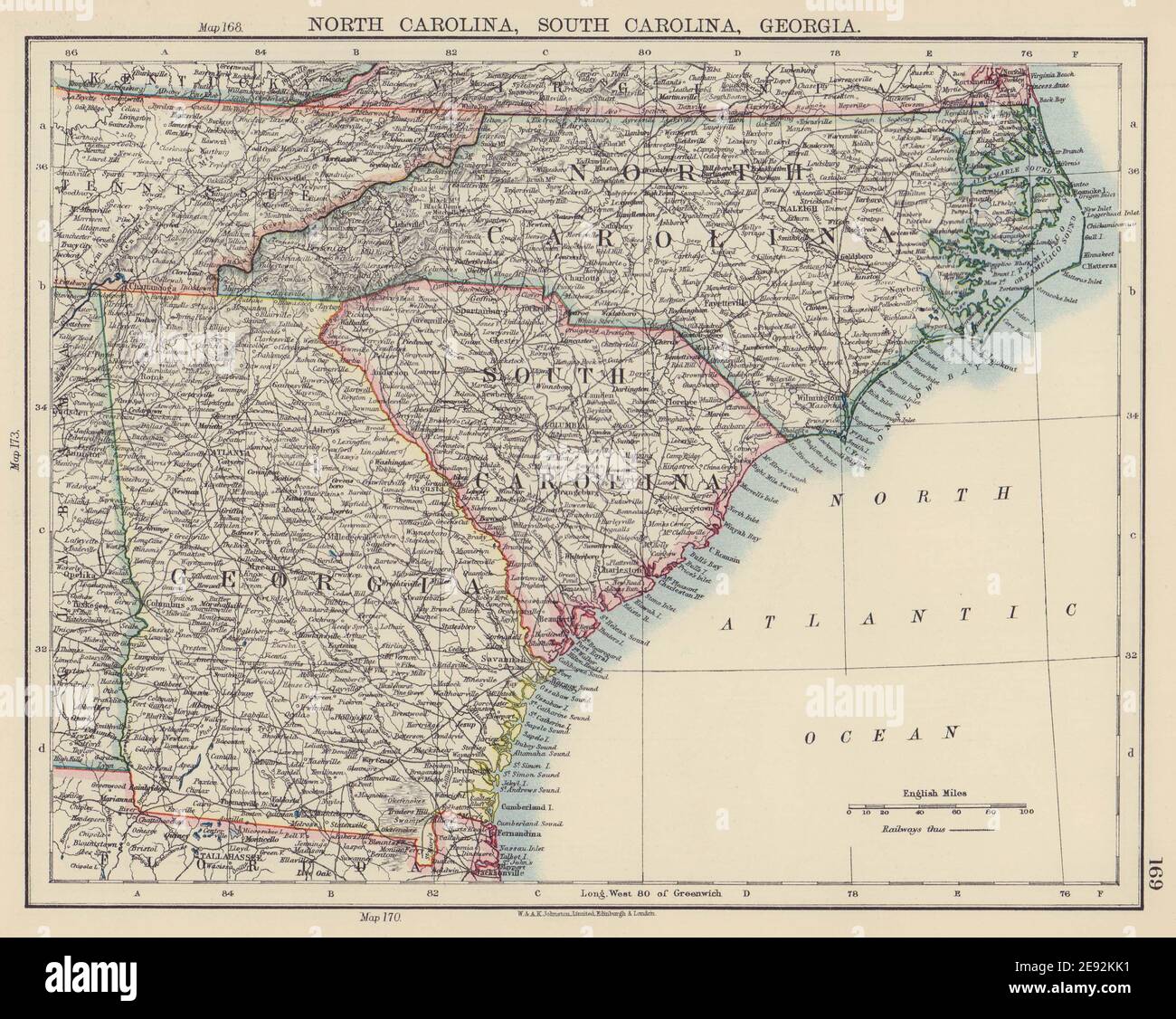 STATI DELL'ATLANTICO MERIDIONALE DEGLI STATI UNITI. Carolina del Nord e del Sud Georgia. JOHNSTON 1901 mappa Foto Stock