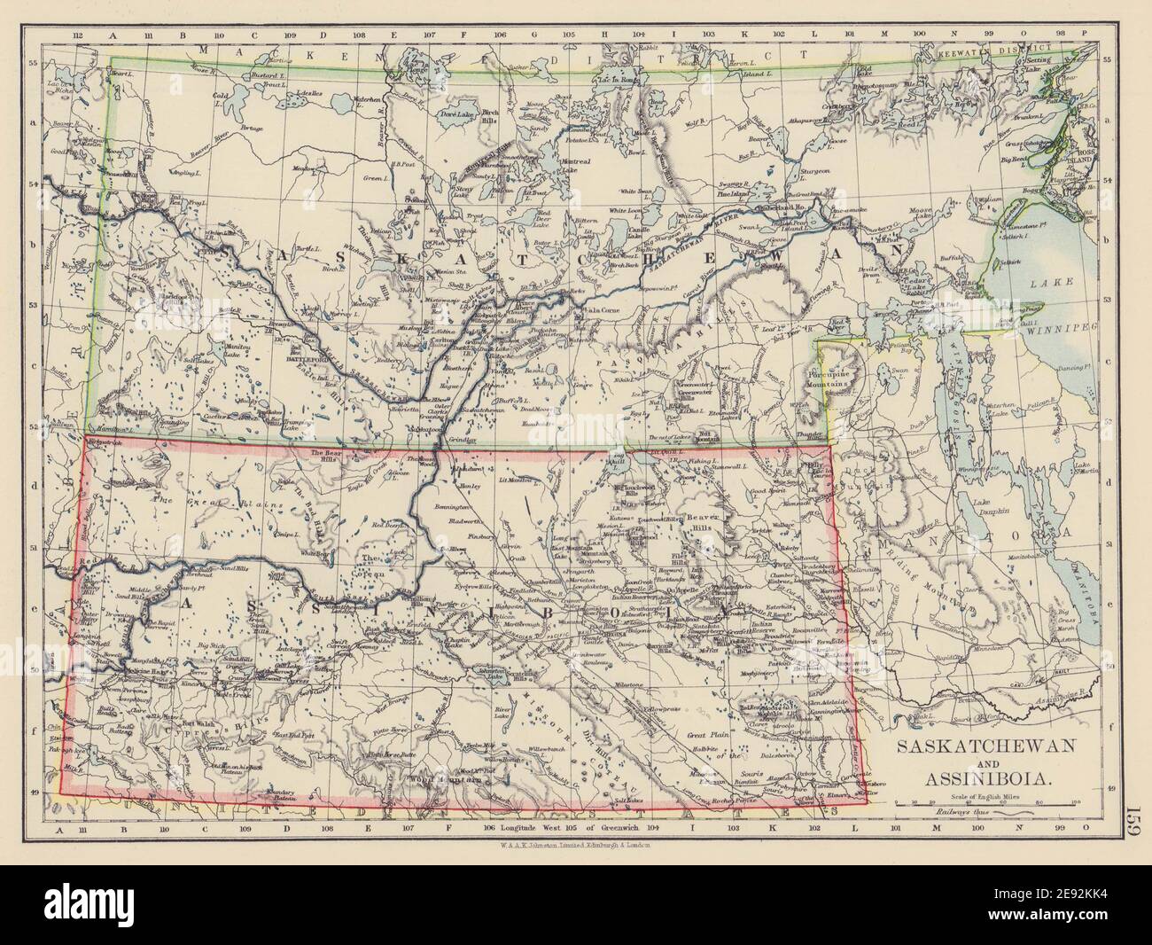 MAPPA della provincia DI ASSINIBOIA e SASKATCHEWAN. Ferrovia canadese del Pacifico. JOHNSTON 1901 Foto Stock