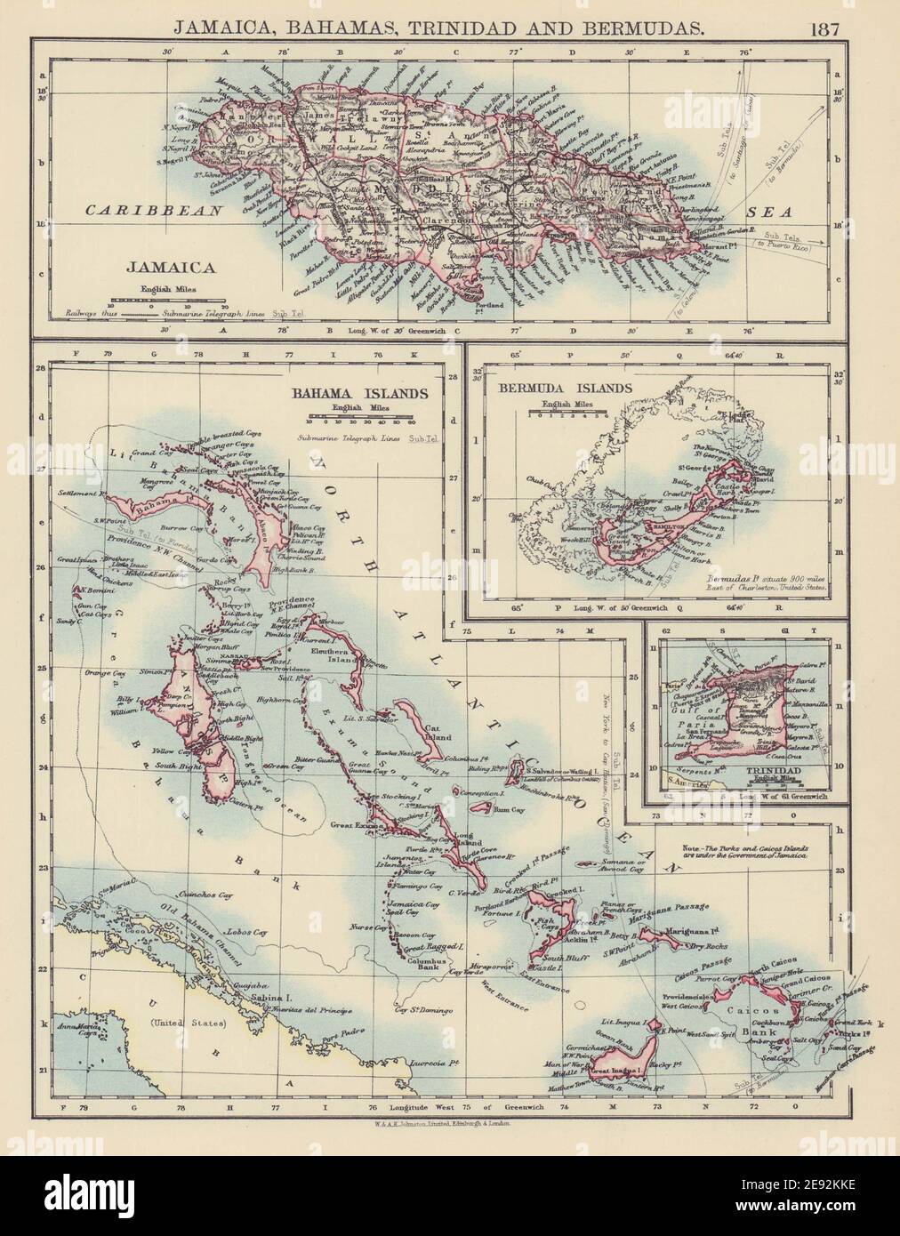 CARAIBI/ISOLE ATLANTICHE. Giamaica Bermuda Bahamas Trinidad. JOHNSTON 1901 mappa Foto Stock