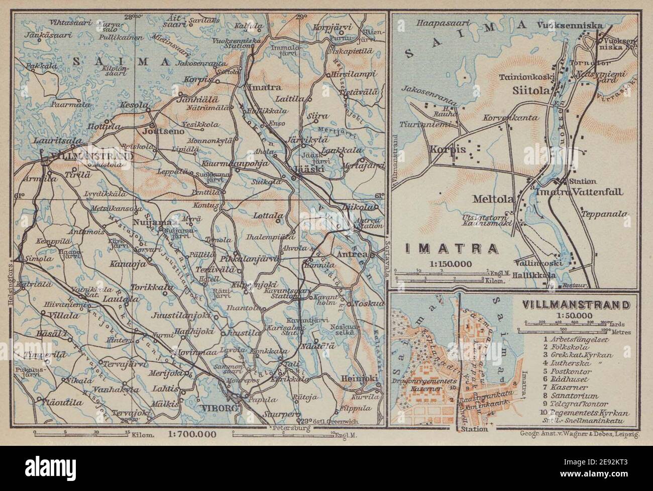 Imatra/Lappeenranta (Villmanstrand). Finlandia/Russia. BAEDEKER 1914 vecchia mappa Foto Stock
