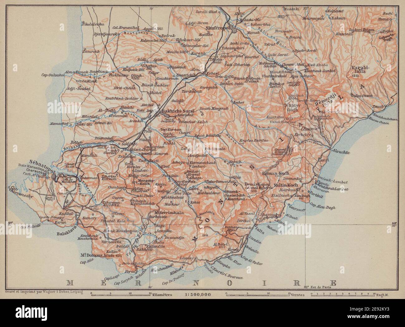 Crimea sud-ovest / Crimea Mountains. Ucraina. BAEDEKER 1914 vecchia mappa antica Foto Stock