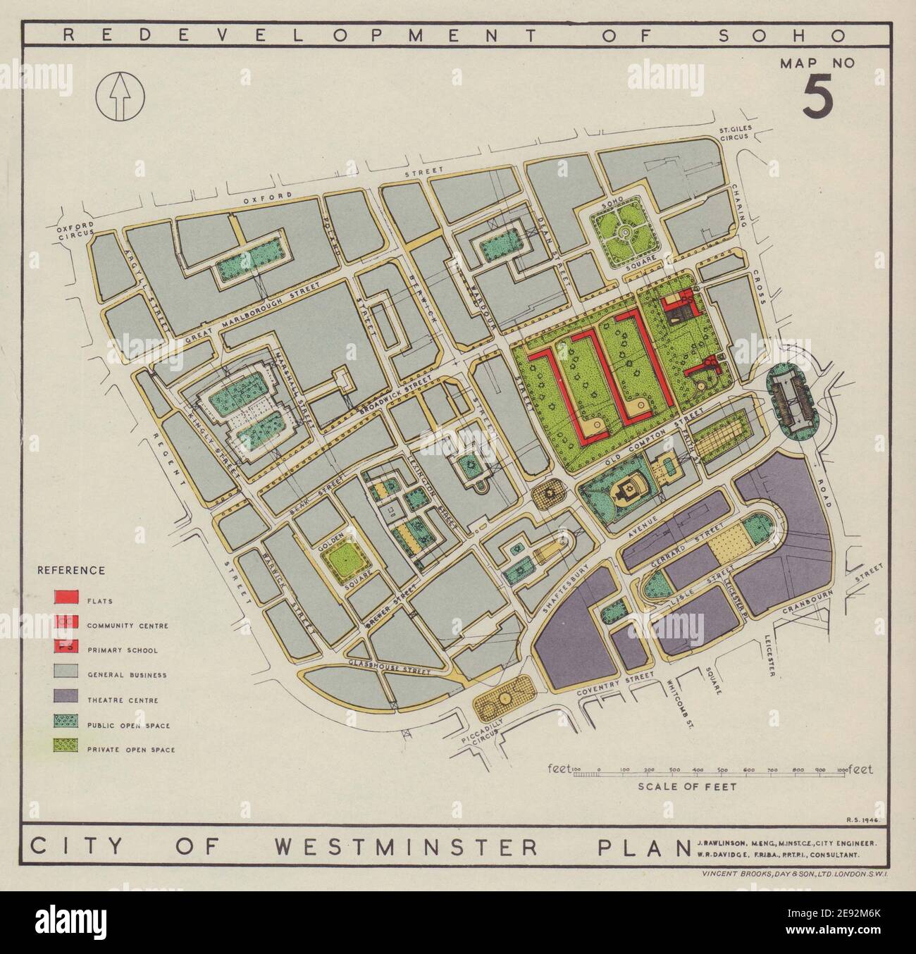 Riqualificazione di Soho. Piano della città di Westminster. RAWLINSON 1946 vecchia mappa Foto Stock