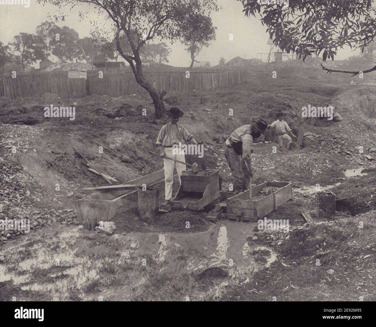 Diggings australiani dell'oro. La culla in funzione. STODDARD 1895 stampa antica Foto Stock