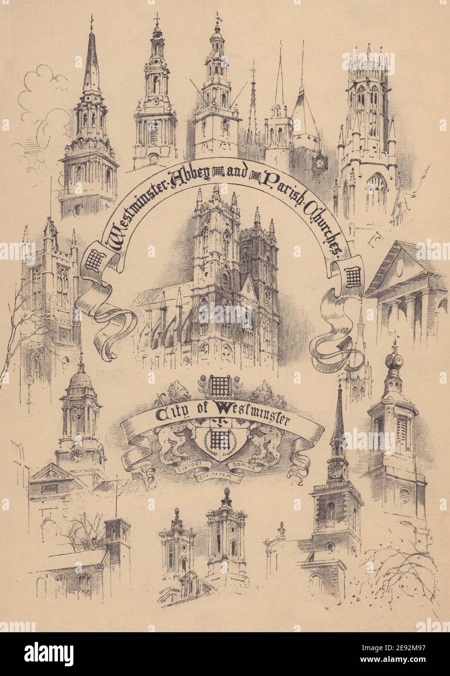 Abbazia di Westminster e chiese parrocchiali - Città di Westminster 1904 vecchia stampa Foto Stock