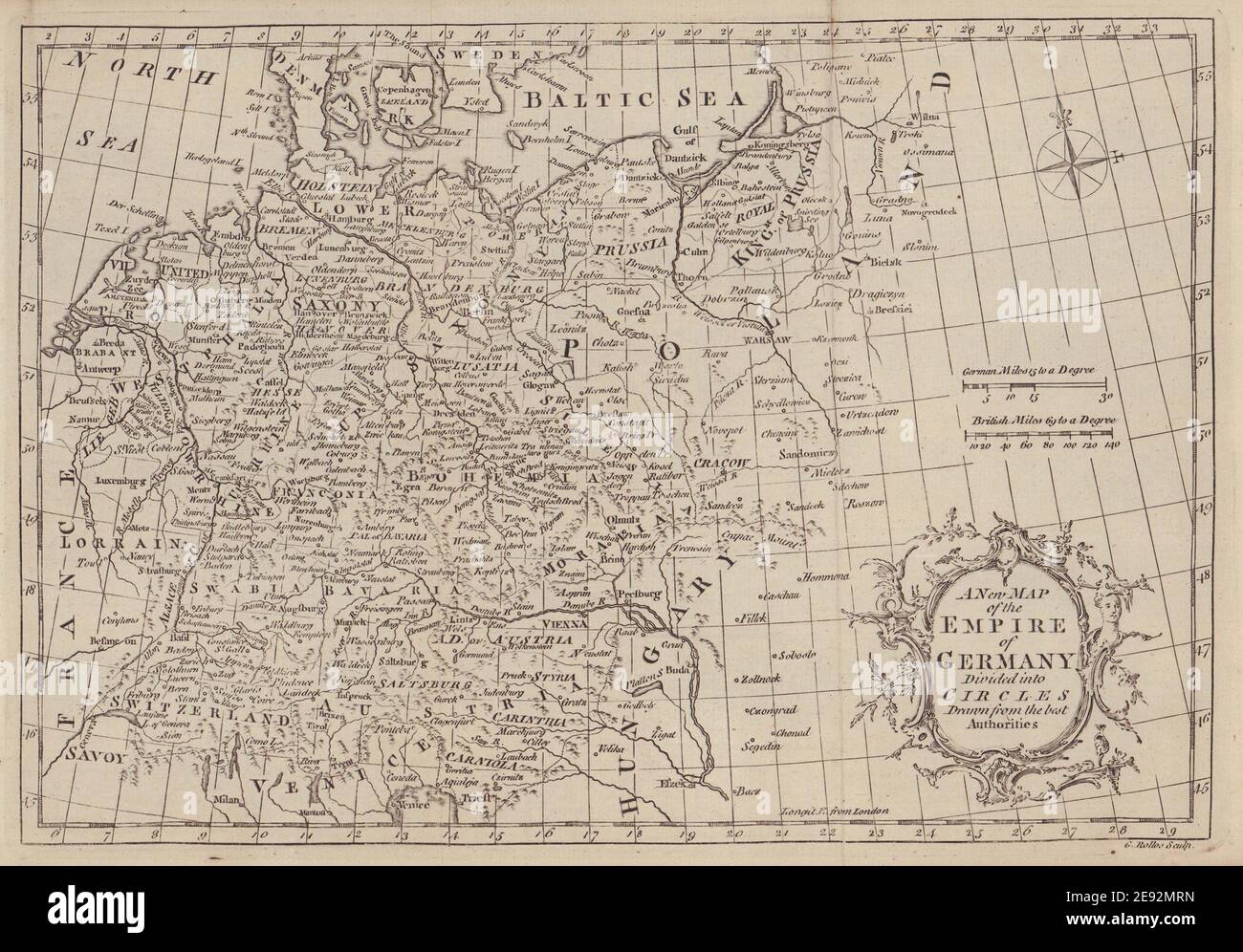 Una nuova mappa dell'Impero di Germania divisa in circoli… ROLOS 1766 vecchio Foto Stock